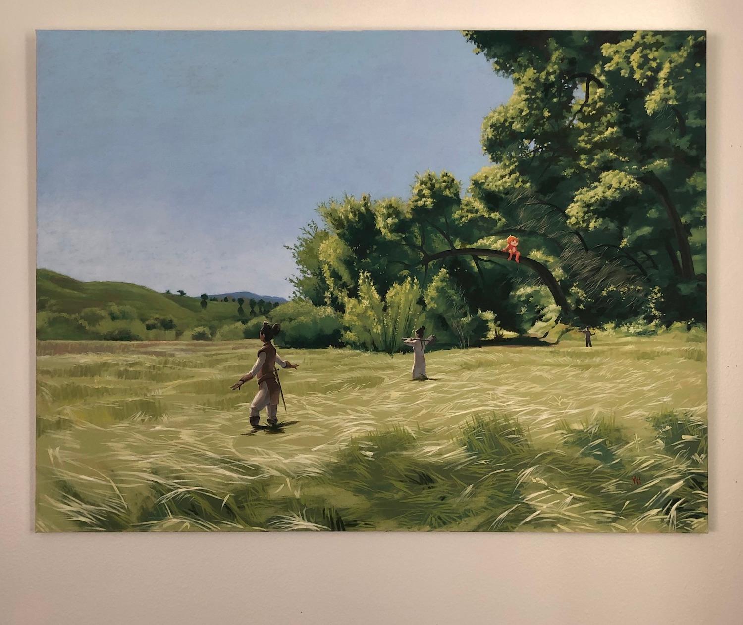 <p>Artist Comments<br>Artist Jesse Aldana displays a verdant savannah in detailed realism. Lush greenery thrives throughout the panoramic view. Under a bright morning sky, a group of costumed friends plays hide and seek. They sweep the tall, spring