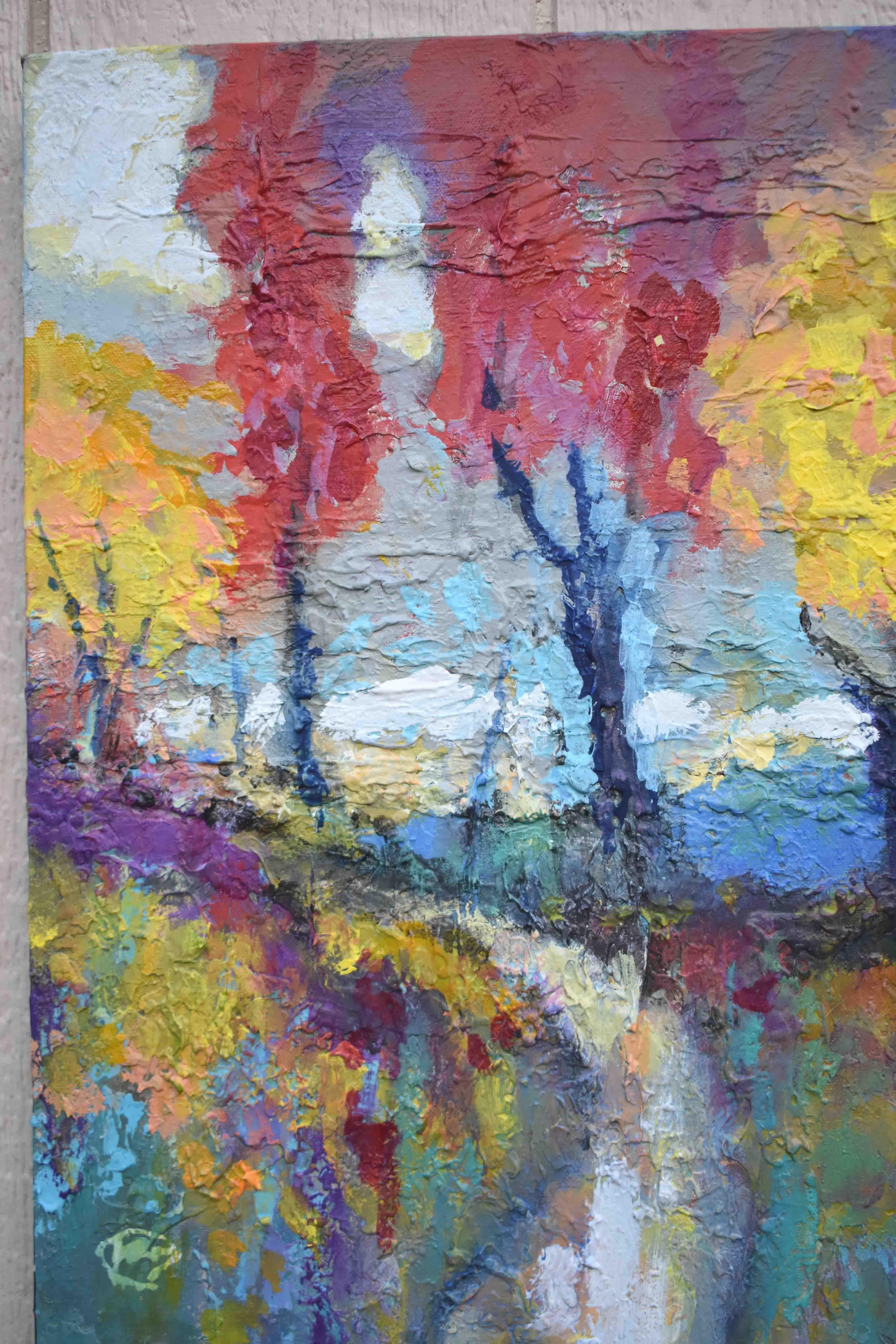 <p>Artist Comments<br>Artist Kip Decker paints a winding trail that leads to an open pasture beyond. A field of multicolored wildflowers lines the well-trodden path on both sides. At the top of the hill, a stand of colorful trees greet the welcome