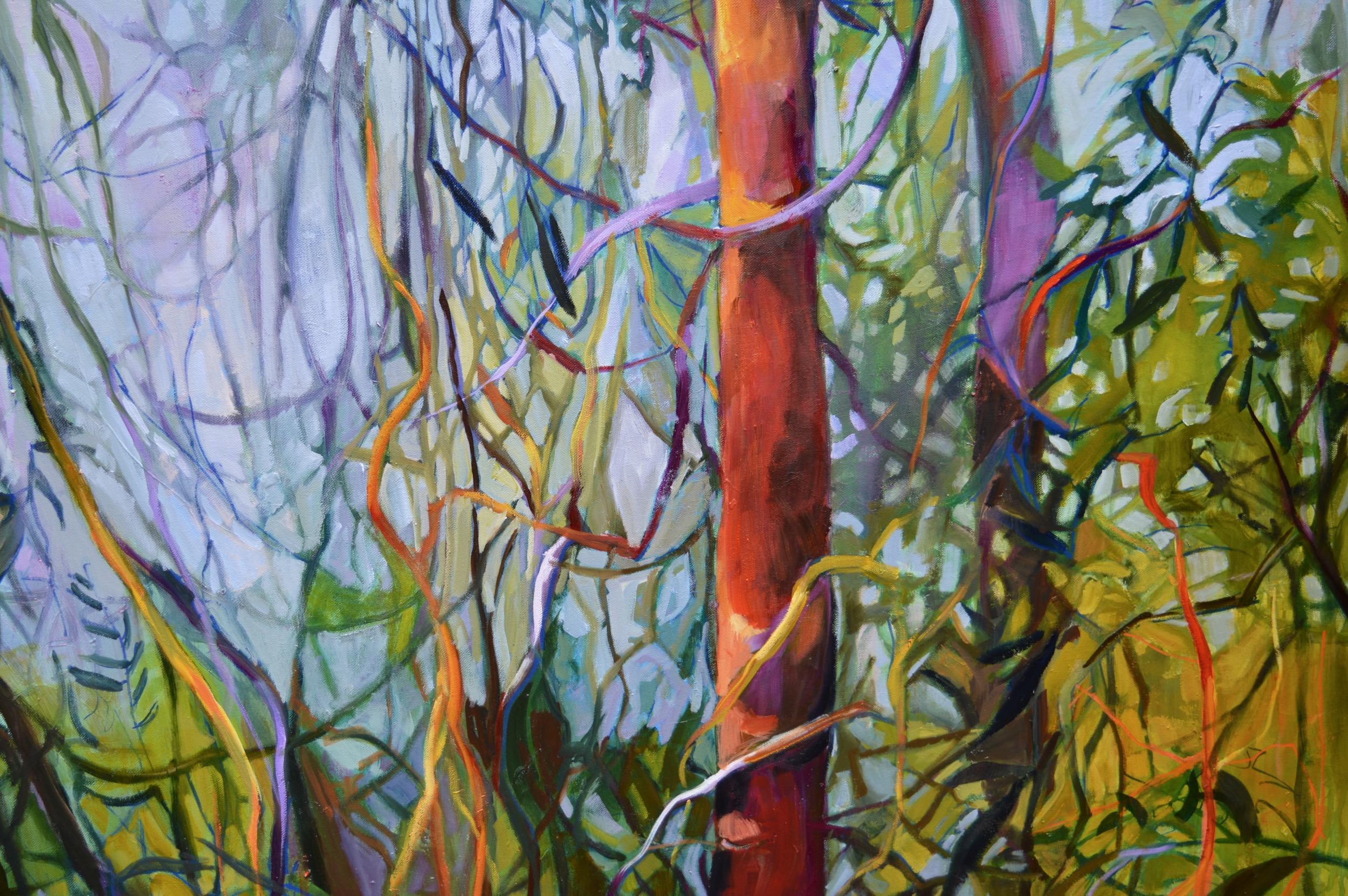 <p>Kommentare des Künstlers<br>In der impressionistischen Landschaft der Künstlerin Julia Hacker wuchern wilde Ranken durch den Wald. Die drapierten Überwucherungen projizieren sich zu organischen und abstrakten Strukturen. Julia verwendet eine