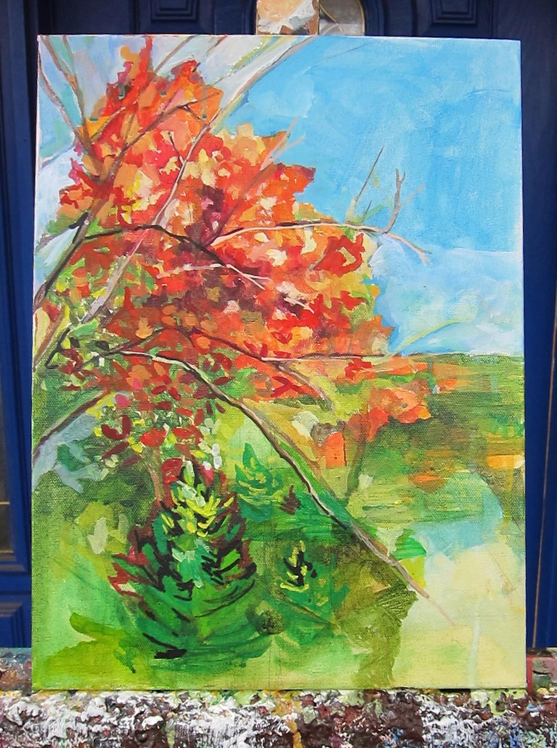 <p>Commentaires de l'artiste<br>Les nuances de l'automne dansent dans la scène impressionniste de la nature de l'artiste Colette Wirz Nauke. Le paysage fantaisiste est abondamment garni de feuillages rouges et orangés. Colette peint un tapis de vert