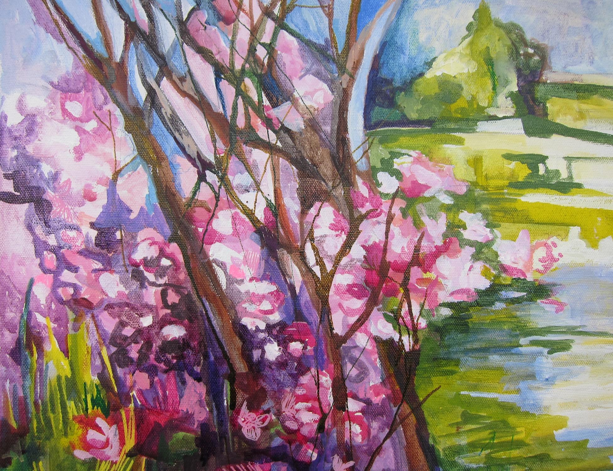 <p>Commentaires de l'artiste<br>Inspirée par la beauté, l'artiste Colette Wirz Nauke partage une vue magnifique des cerisiers en fleurs. Des couleurs vives et des coups de pinceau audacieux remplissent la toile. Colette cherche à transmettre une