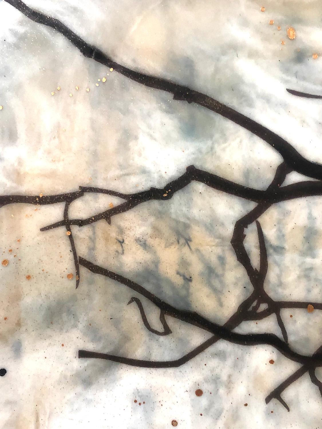 <p>Artist Comments<br>Artist Shannon Amidon creates an encaustic composition of a lone autumn tree's silhouette. She fills the piece with complex collaged layers and textures. Vintage ephemera mixed with crushed obsidian and copper microbeads