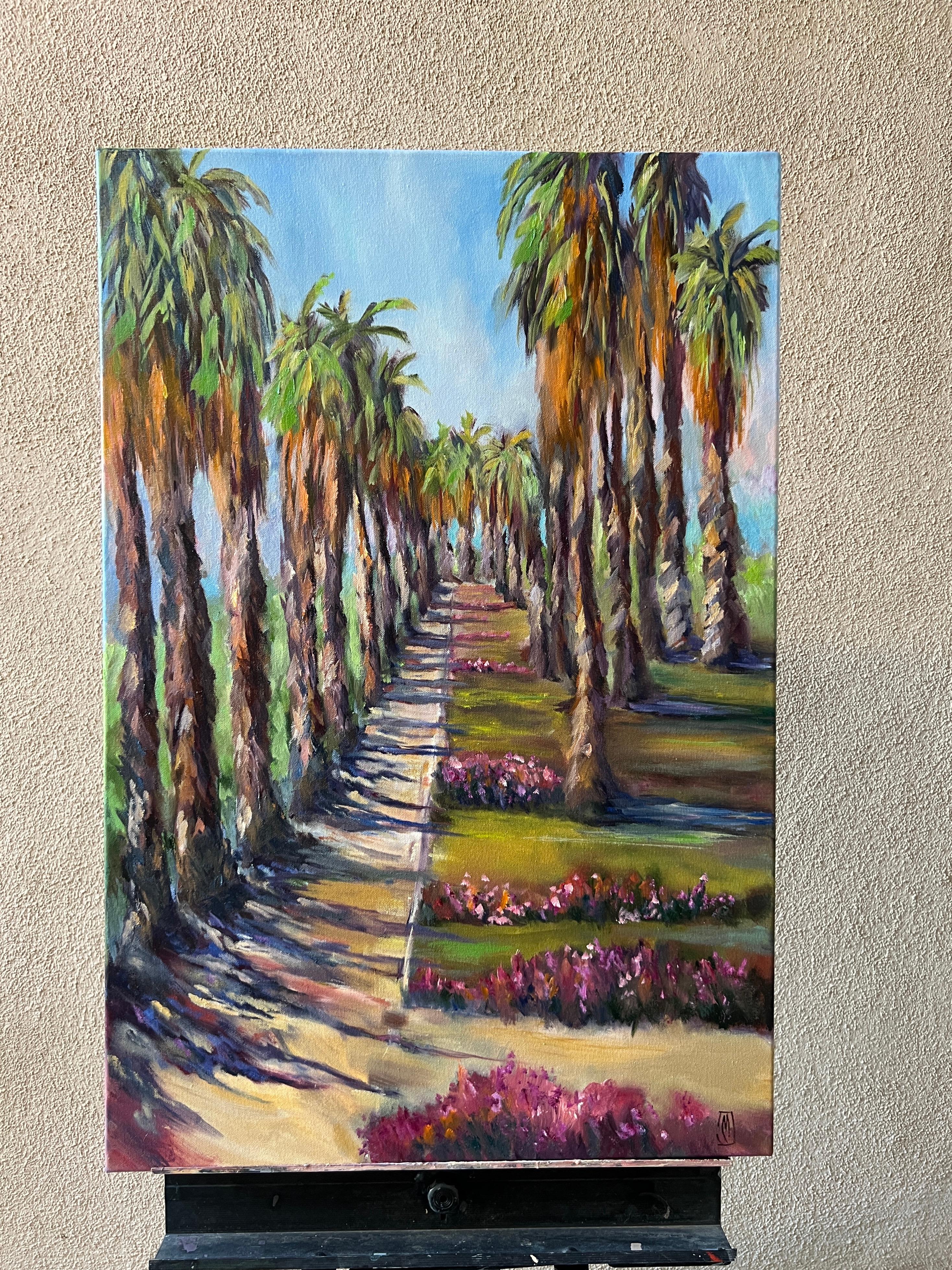 <p>Artist Comments<br>Artist Marilyn Froggatt displays an impressionist view of the historical Riverside Art Museum. She creates the piece en plein air along the luxuriantly shaded walkway. The vertical orientation highlights the tall and graceful