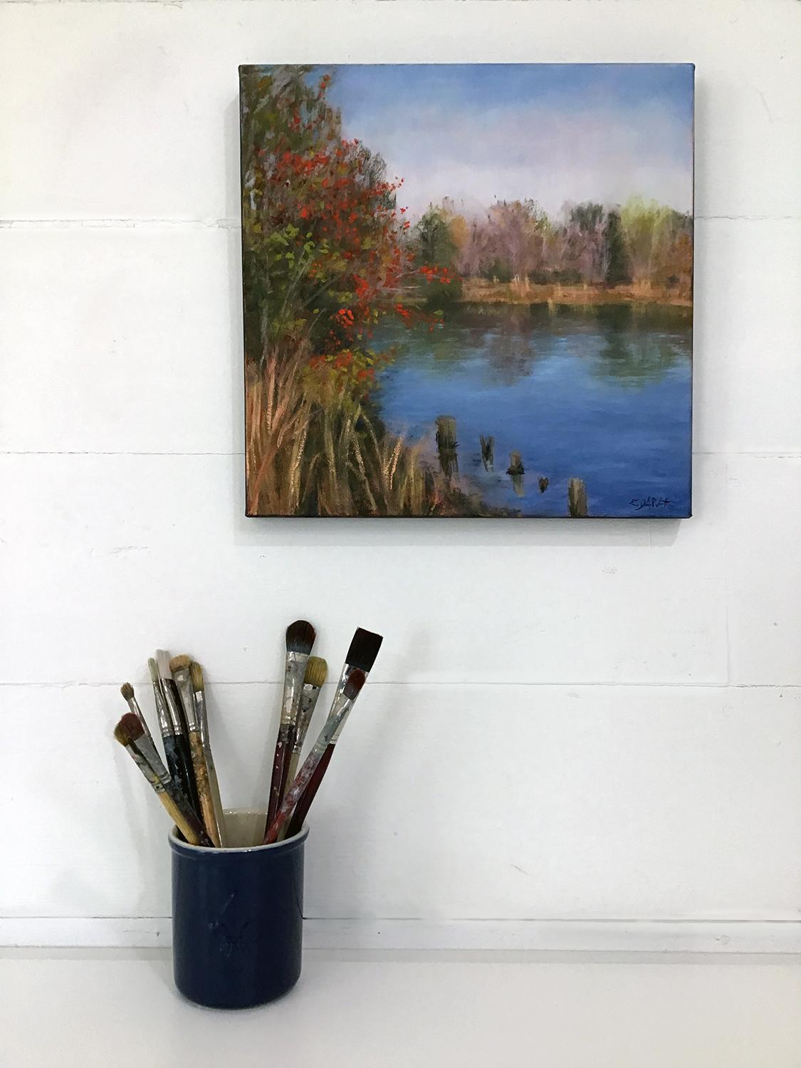 The Pond in November; Red Berries, Oil Painting - Abstract Impressionist Art by Elizabeth Garat