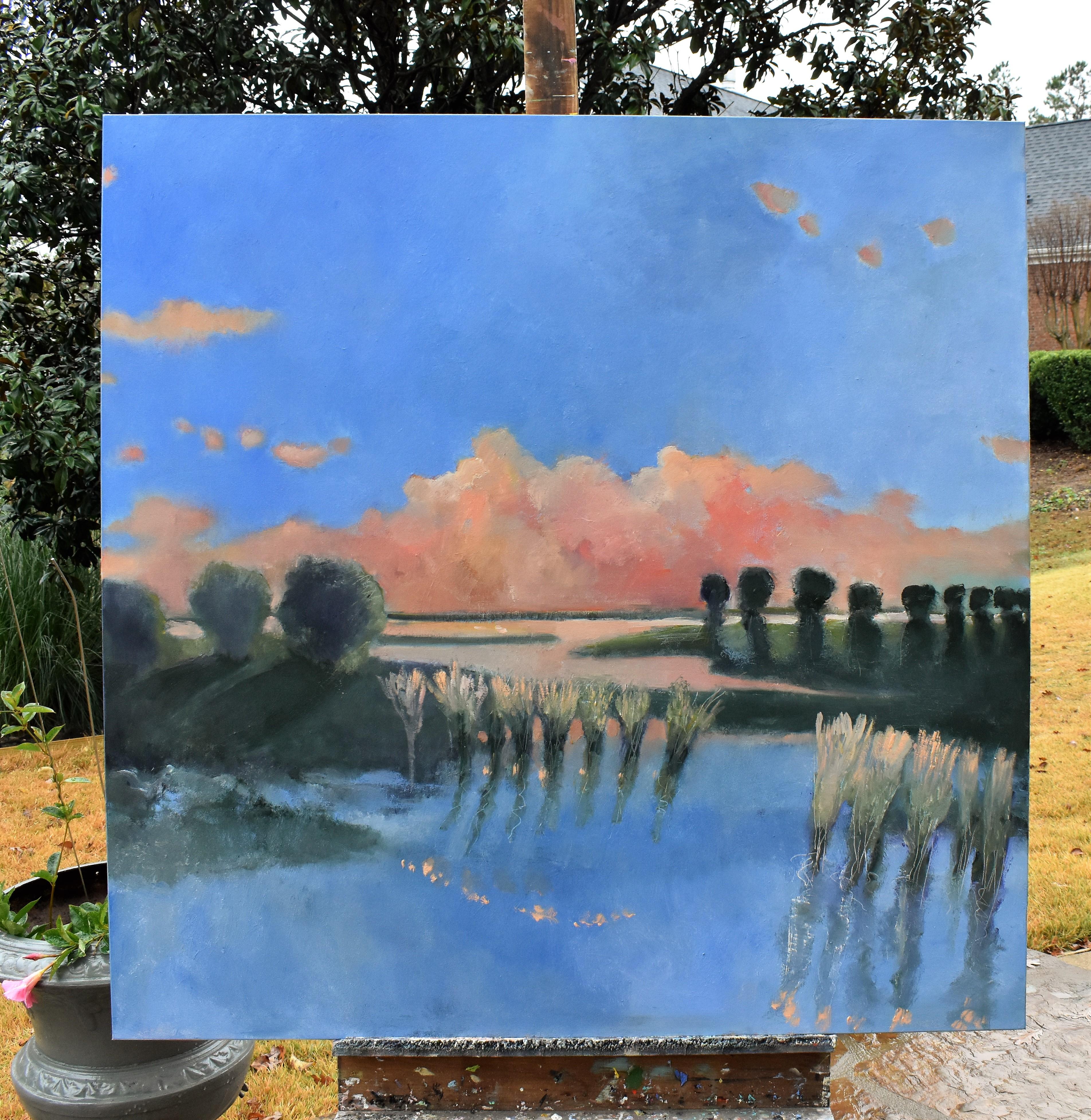 <p>Artist Comments<br />Artist Mary Pratt paints a gentle landscape with tranquil waterways and swaying reeds. She creates a dreamy rendering of a brilliant orange light casting over the muted blue sky using her photography as a reference. The