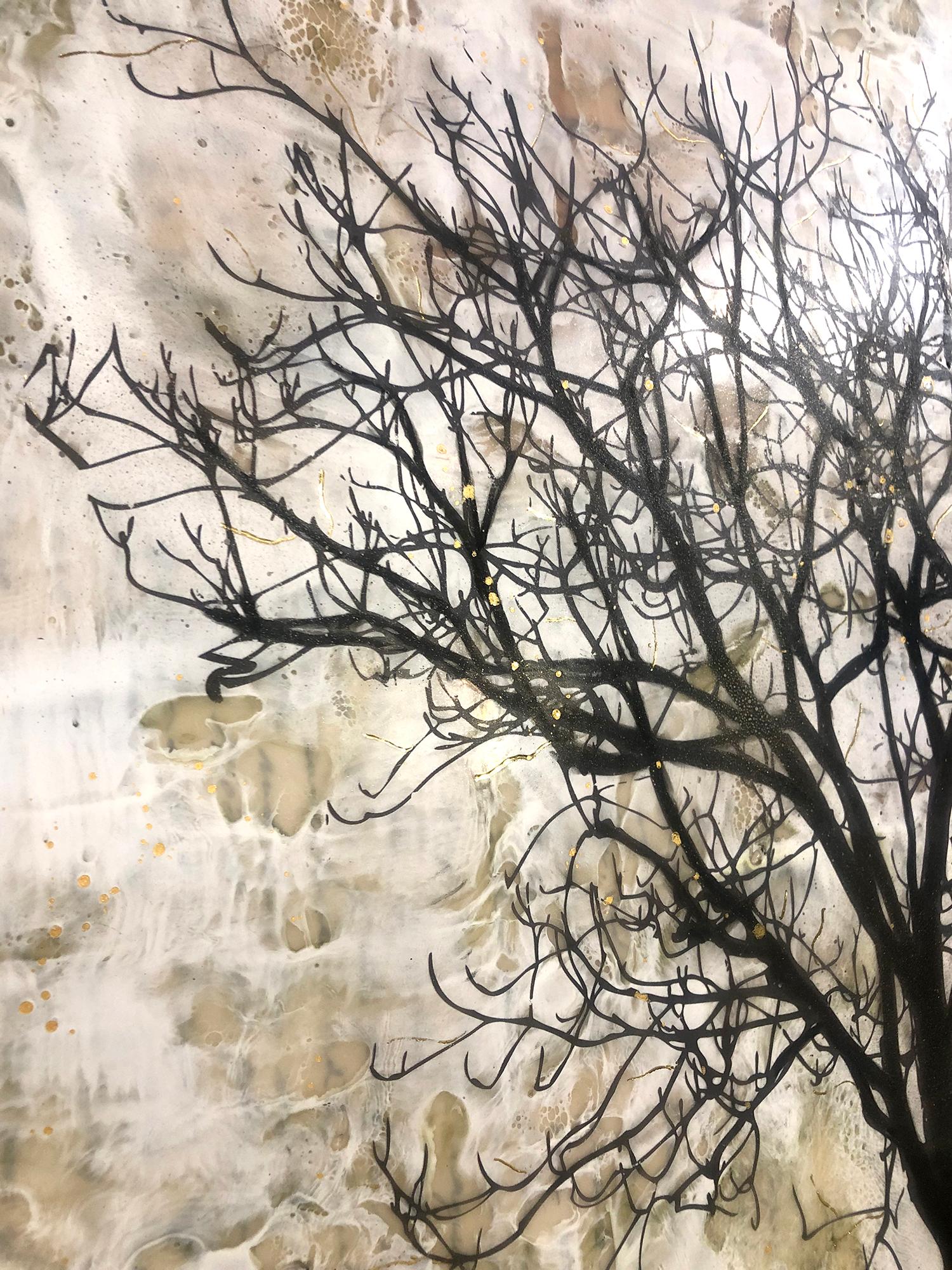 <p>Artist Comments<br>Solitude and strength come to mind with this mixed media encaustic piece by artist Shannon Amidon. A winter tree silhouette stands in the center of the heavily graveled field. Shannon makes up the background with various