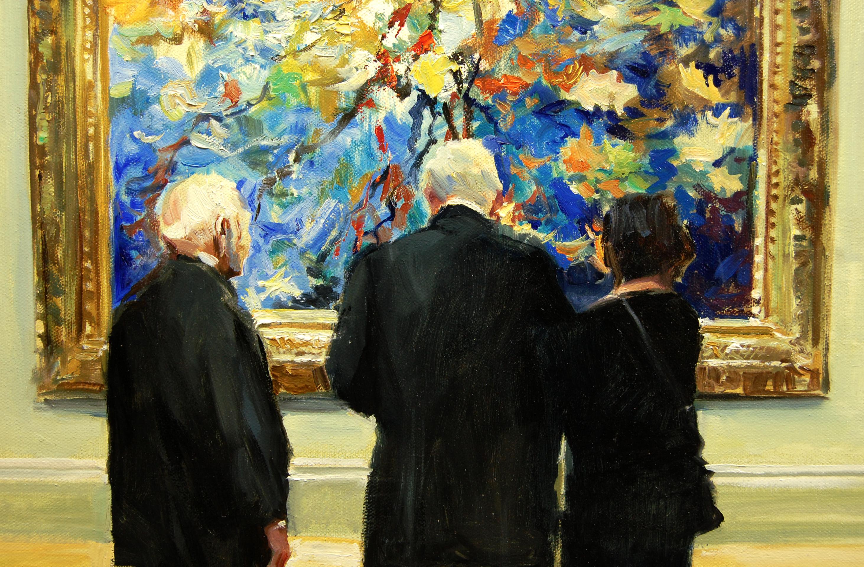 <p>Commentaires de l'artiste<br>L'artiste Onelio Marrero montre trois personnes observant un grand tableau orné dans un musée. La scène, essentiellement fictive, illustre son expérience professionnelle, qui consiste à observer, dans l'expectative,
