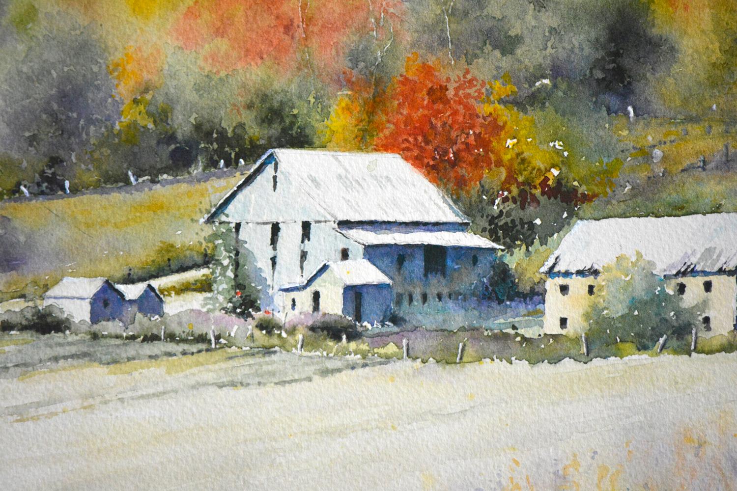 <p>Kommentare des Künstlers<br>Die Künstlerin Judy Mudd zeigt rustikale Häuser auf dem Land in einer impressionistischen Landschaft. Sie fängt die leuchtenden Herbstfarben des Laubes ein, bevor sie in der Erinnerung verblassen. Feurige Orange- und