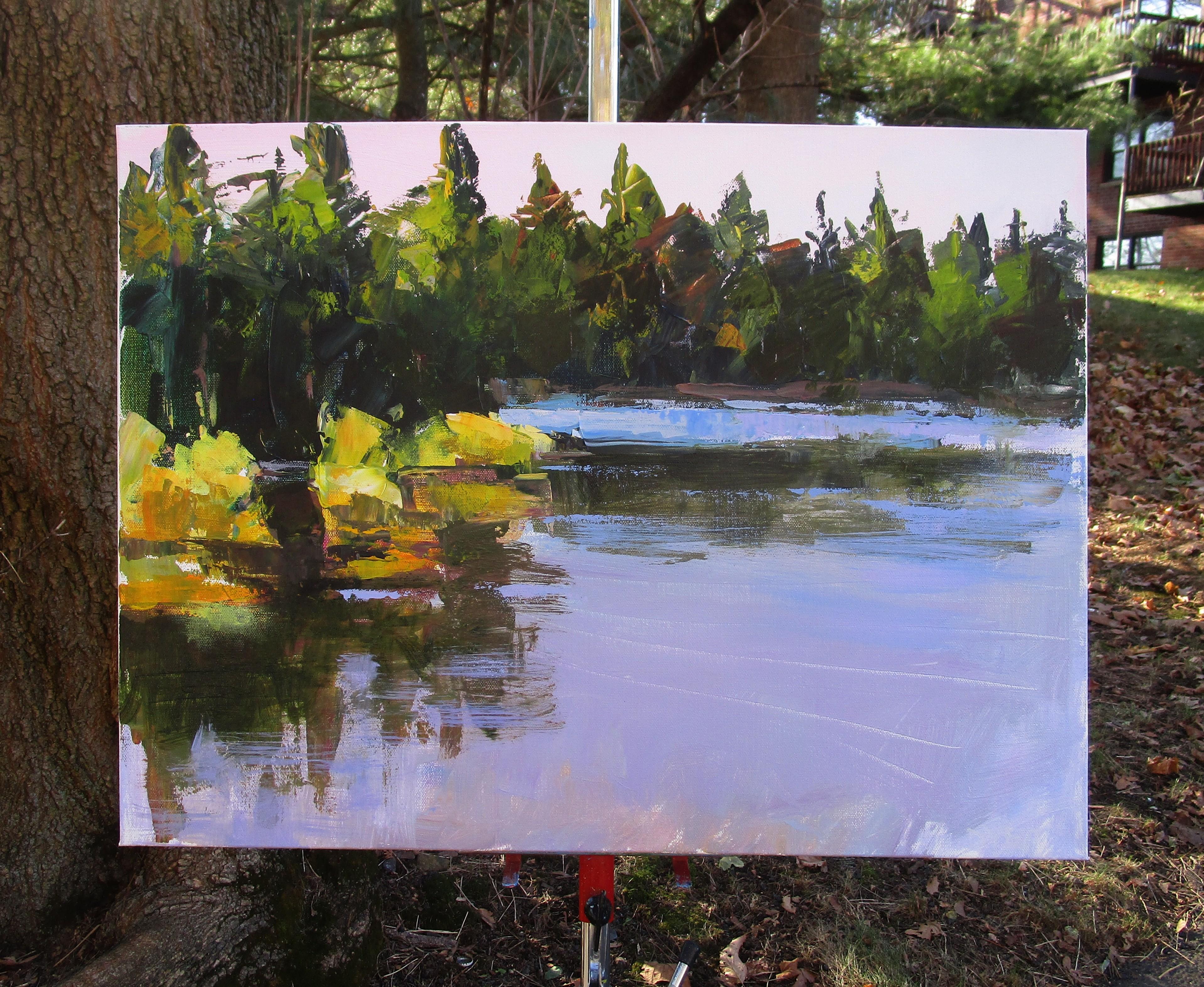 Yellow Bushes by Lake, Original Painting For Sale 1