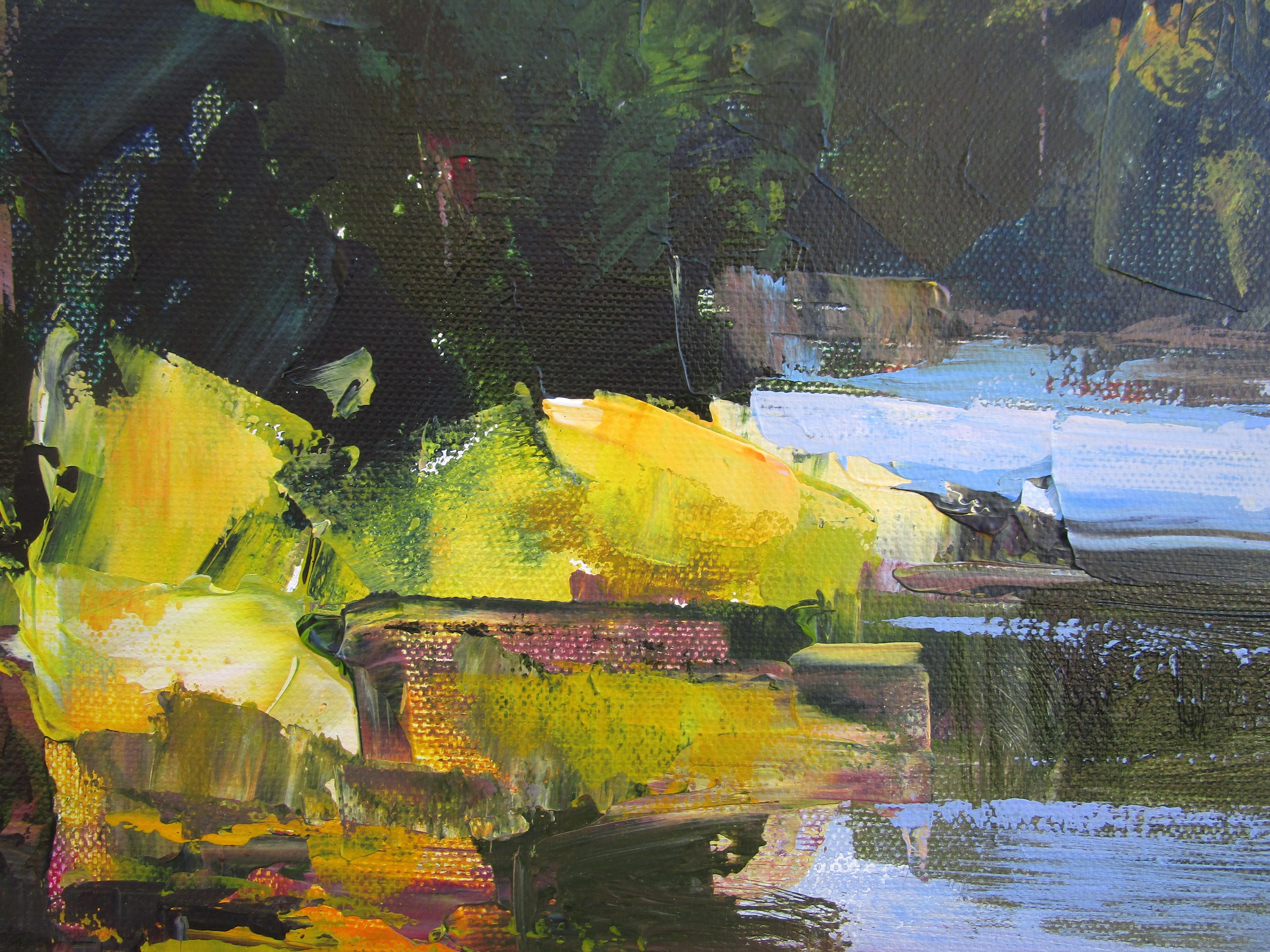 <p>Kommentare der Künstlerin<br>Die Künstlerin Janet Dyer zeigt eine impressionistische Perspektive eines stillen Sees an einem ruhigen Frühlingstag. Sie malt unberührte Gewässer, in denen sich die lebendigen Bäume in komplementären Gelb- und