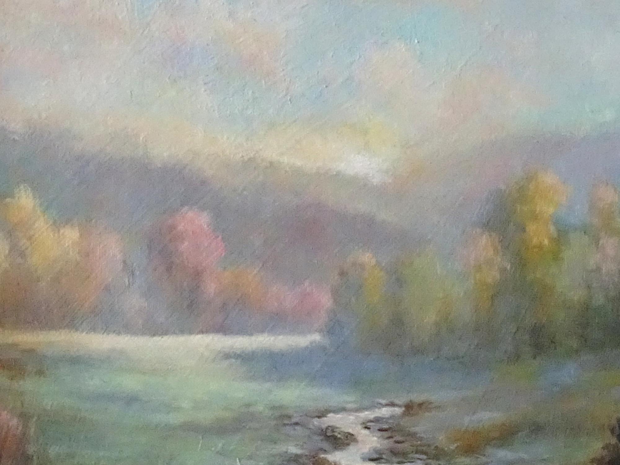 <p>Artist Comments<br>Artist Gail Greene shows a picturesque stream in a luminous impression using soft tonal shades. The morning light reaches over the ridge, casting a glow on the rustling meadow below. The colorful autumn palette parades the