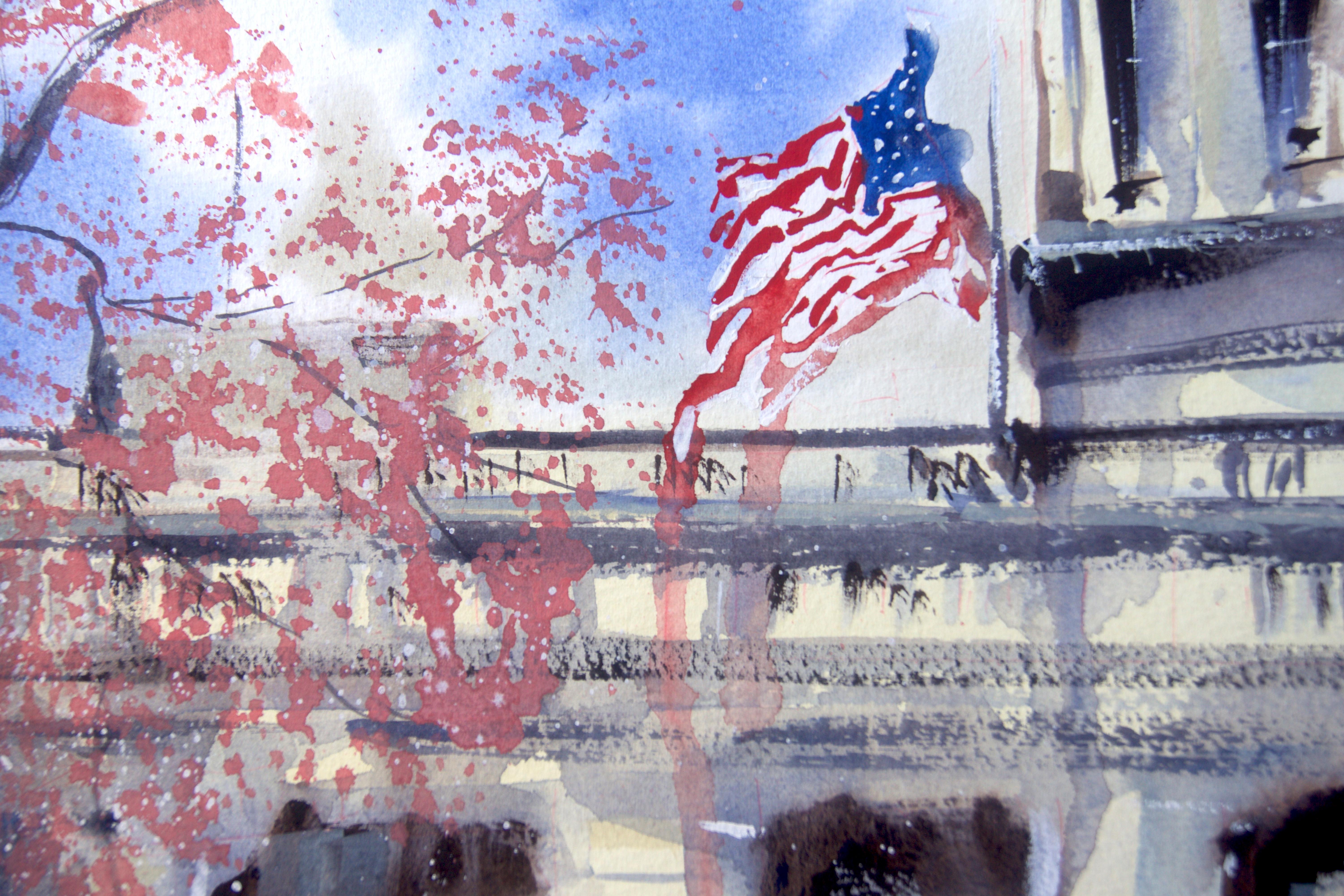 <p>Artist Comments<br>Artist James Nyika paints a close-up of the US Capitol with all its warmth and light. Easily identifiable, the structure's impressive architectural work, with its iconic arched windows, features the ever-present American flag.