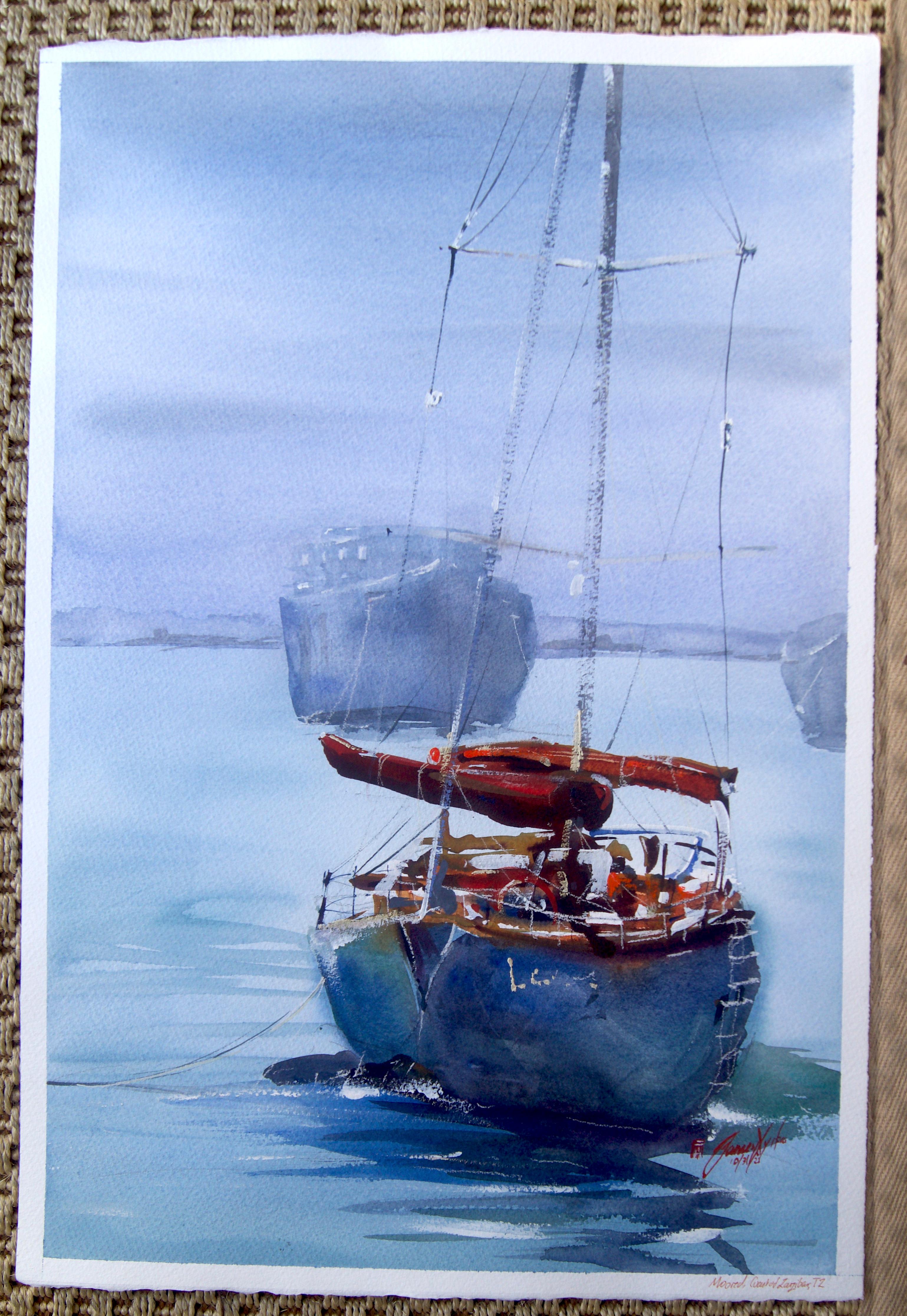 <p>Kommentare des Künstlers<br>Der Künstler James Nyika fängt die Stille des Wassers an einem nebligen Morgen ein. Eine einsame Yacht schwimmt friedlich inmitten einer kommerziellen Schiffsflotte. 