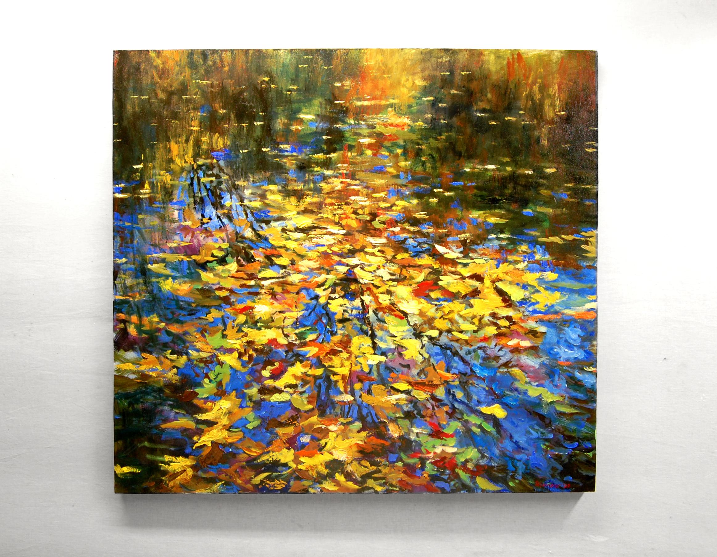 <p>Artist Comments<br>Artist Onelio Marrero paints golden oak and maple leaves in a pond. More vegetation skim and float, shining brightly under the sun. Part of his series of paintings that explores the colors and reflections of autumn foliage on