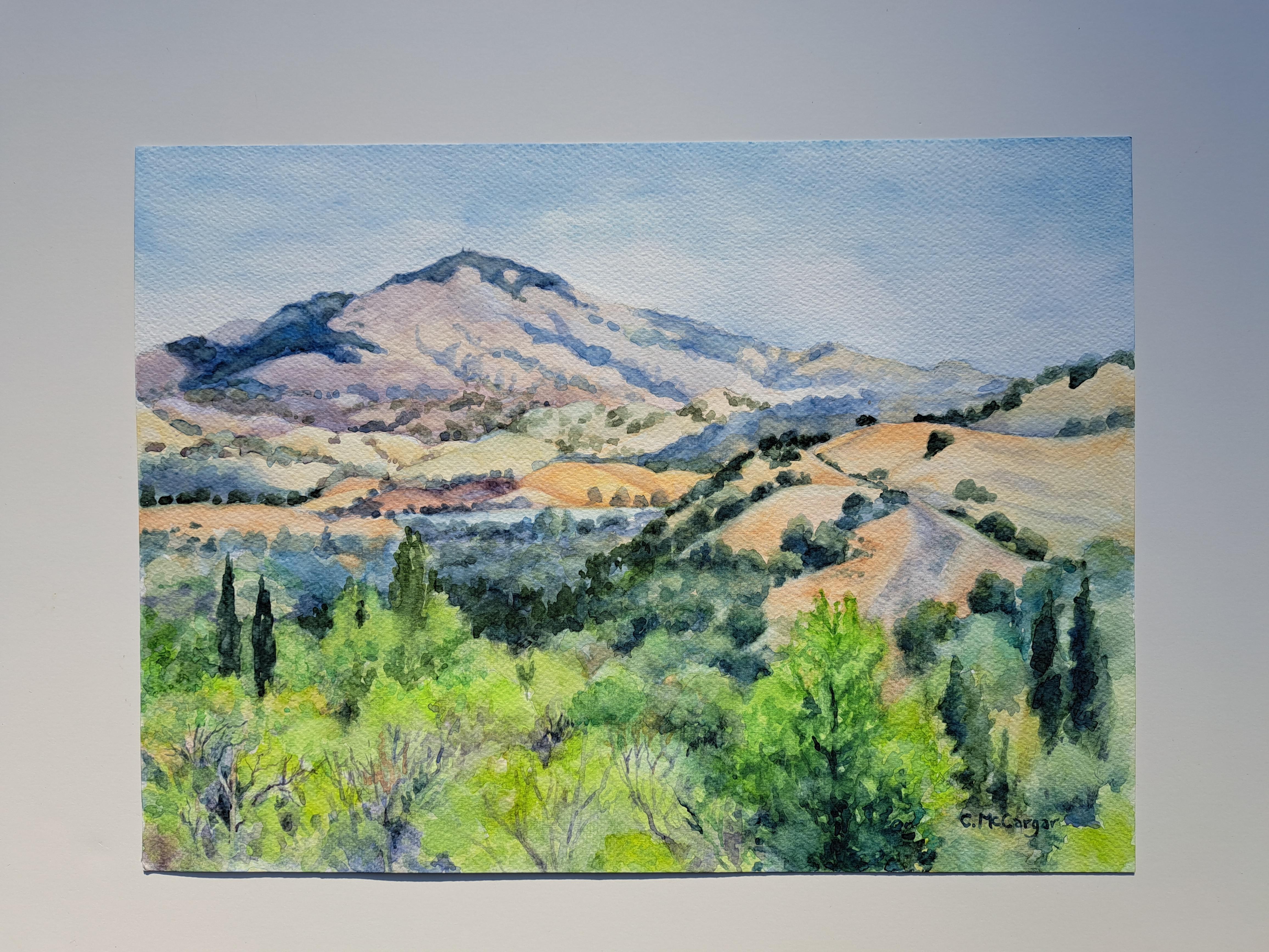 <p>Kommentare der Künstlerin<br>Die Künstlerin Catherine McCargar malt einen Panoramablick auf den Mt. Diablo, der von ihrem Haus aus zu sehen ist. Sie malt eine Wiedergabe des Berges mit vielen Details der umliegenden Ausläufer. 