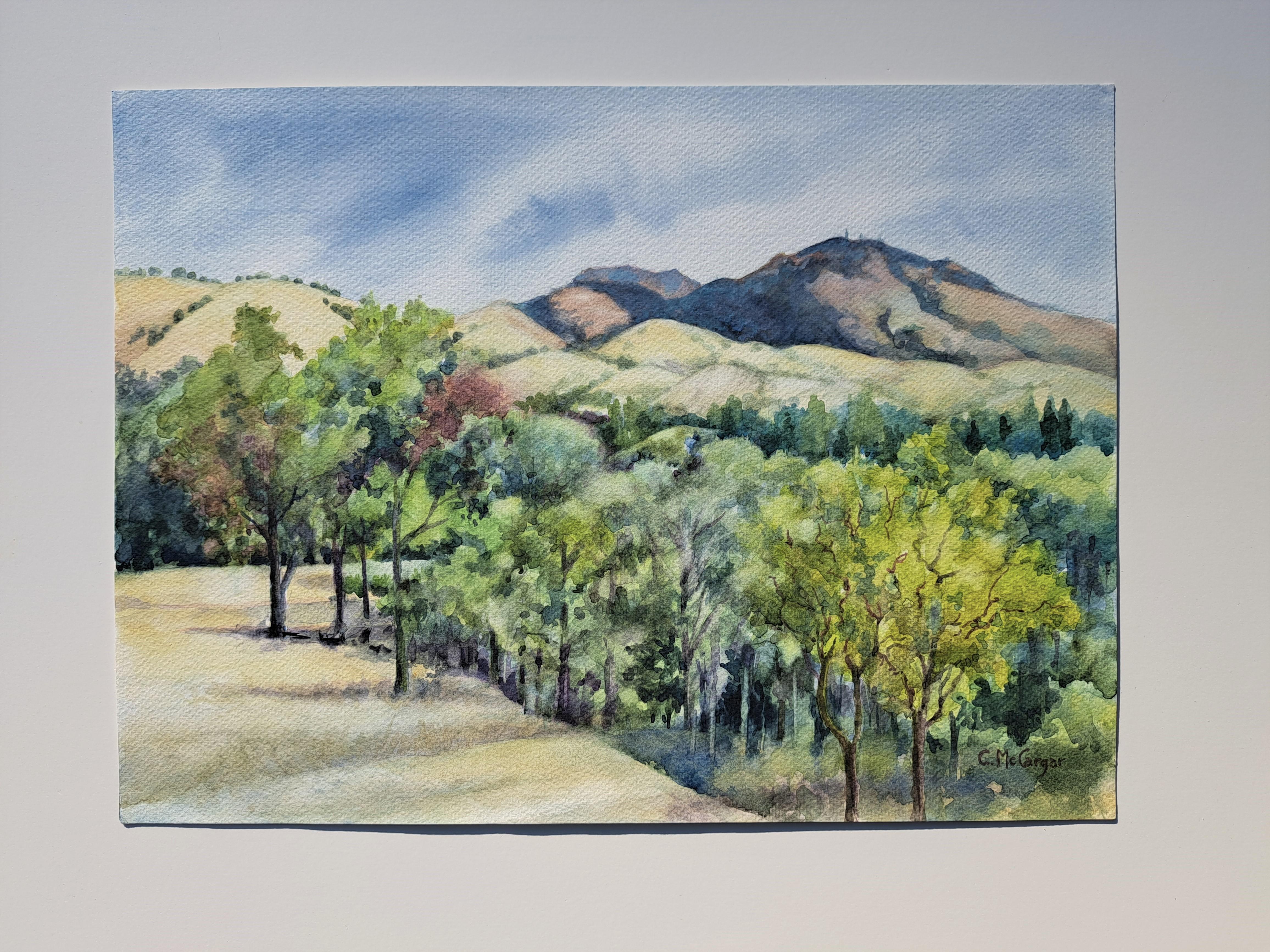 <p>Kommentare der Künstlerin<br>Die Künstlerin Catherine McCargar zeigt eine impressionistisch anmutende Landschaft des Mount Diablo. Das dichte Laub der üppigen Bäume raschelt im erfrischenden Luftzug der Berge. Catherine bemerkt, dass die dunklen