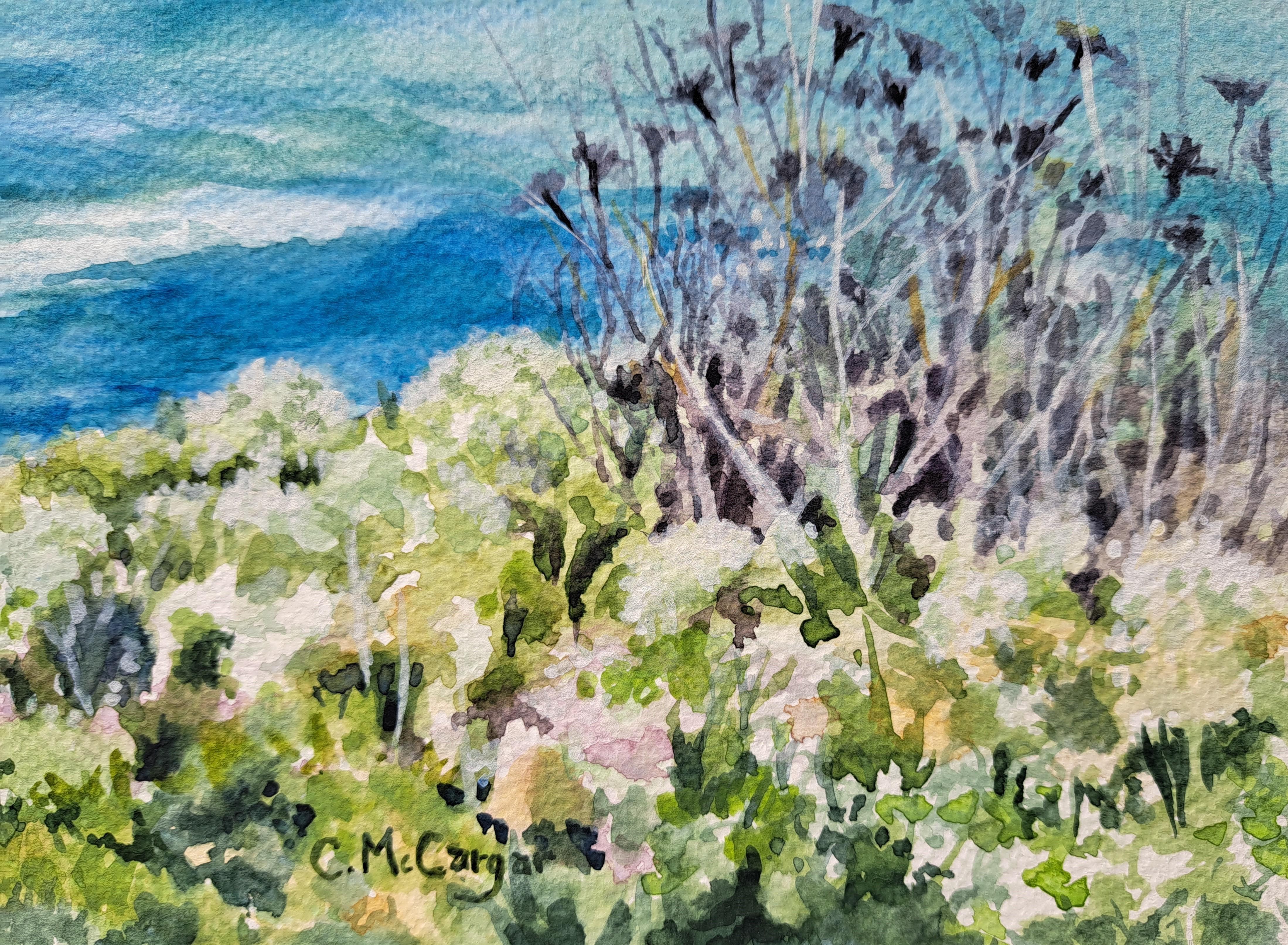 <p>Artist Comments<br>Artist Catherine McCargar shares a soothing scene of the Pacific Ocean skirting along the verdant coast. Invigorating frothy waves waves rhythmically glide in and out of the tranquil display. The lush cliffside flora