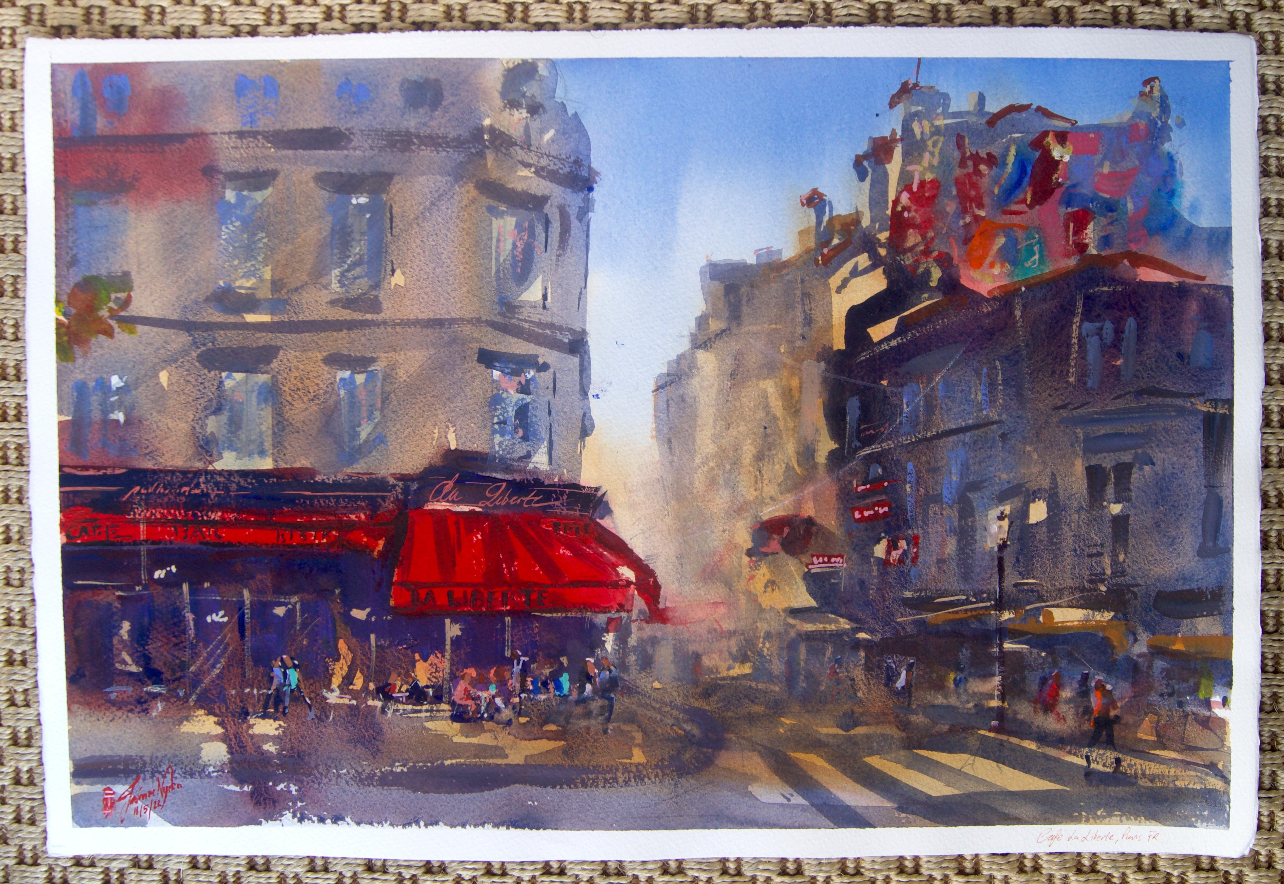 Cafe la Liberte, Original Painting - Abstract Impressionist Art by James Nyika