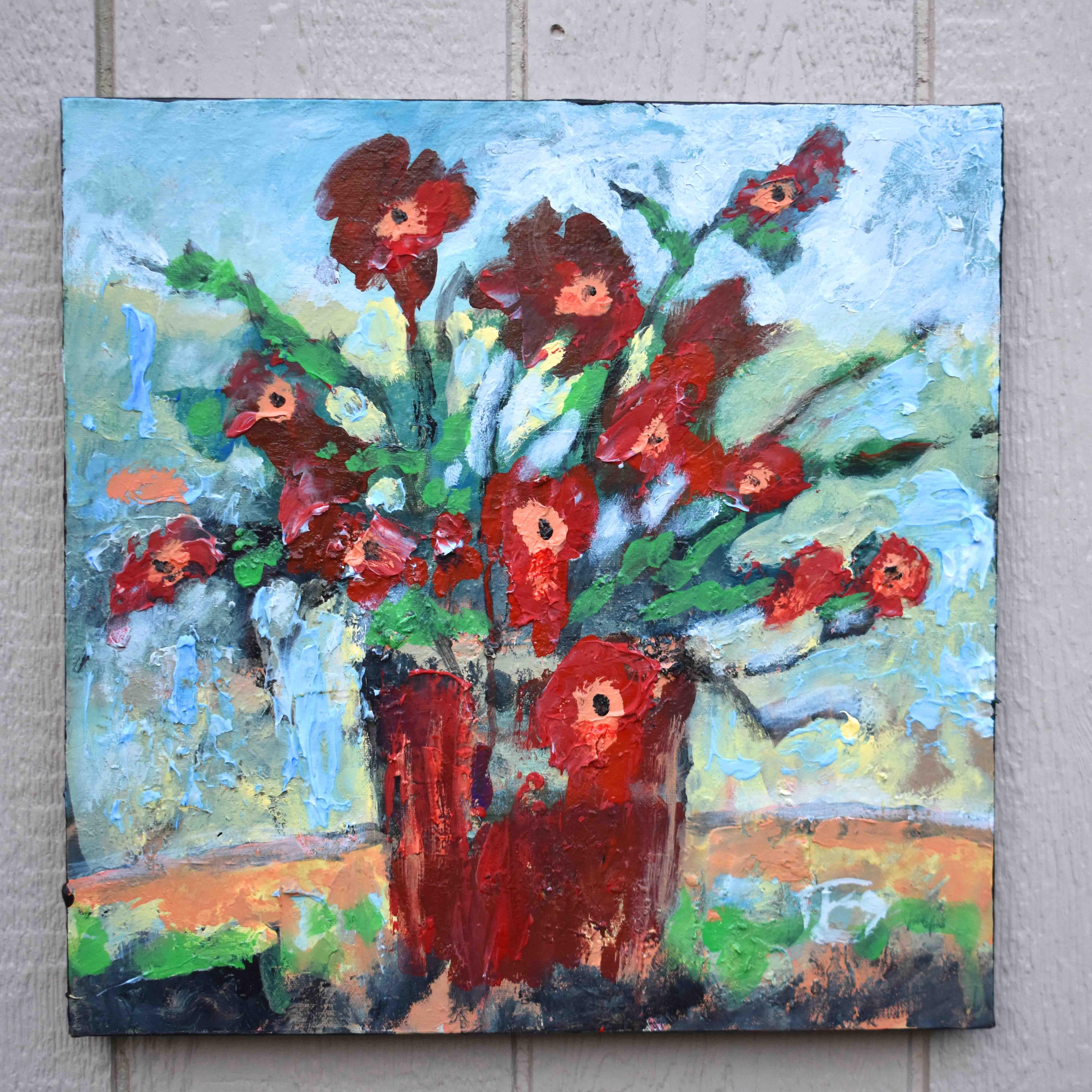 <p>Kommentare des Künstlers<br>Der Künstler Kip Decker stellt einen atemberaubenden Strauß roter Blumen mit einem expressionistischen Ansatz dar. Die dunkelkarmesinroten Blütenblätter entfachen ein brennendes Gefühl von zarter Romantik. Kip