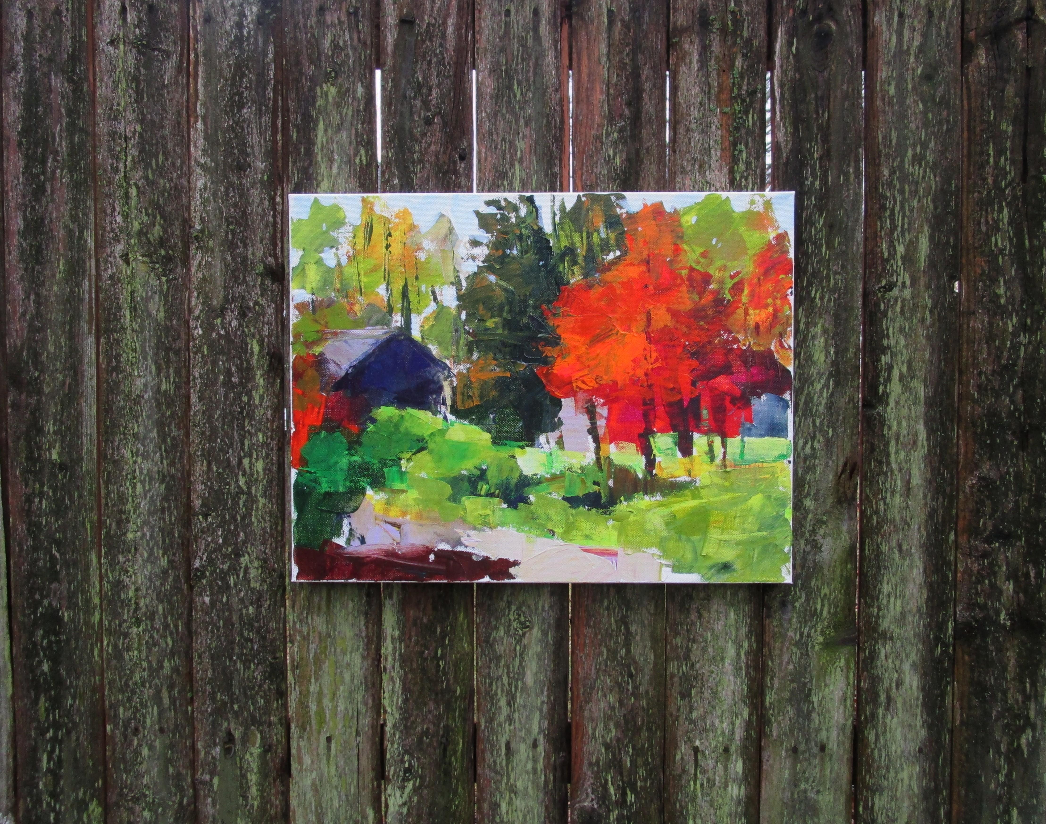 <p>Kommentare der Künstlerin<br>Die Künstlerin Janet Dyer malt ein Haus, das in ein Dickicht von Bäumen eingebettet ist. Sie malt im Stil des Expressionismus mit kräftigen, energischen Strichen. Die herbstliche Szene leuchtet in warmen Rot- und