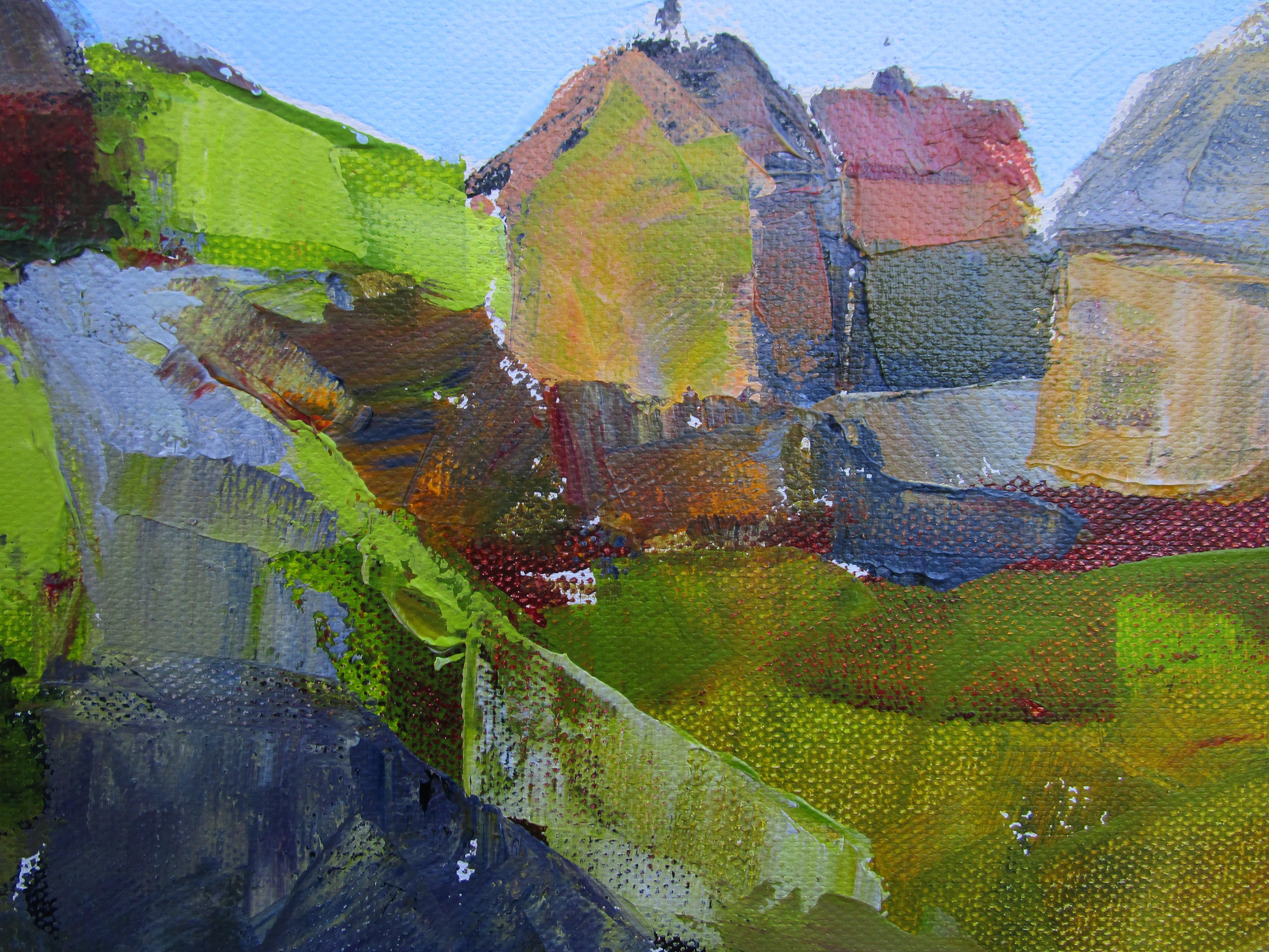 <p>Kommentare des Künstlers<br>In der impressionistischen Landschaft der Künstlerin Janet Dyer erstreckt sich ein rustikaler Bauernhof über das Feld. Die charmante Szene aus Cornwall zeigt die Gebäude, die sich wie ein kleines Dorf um die Straße