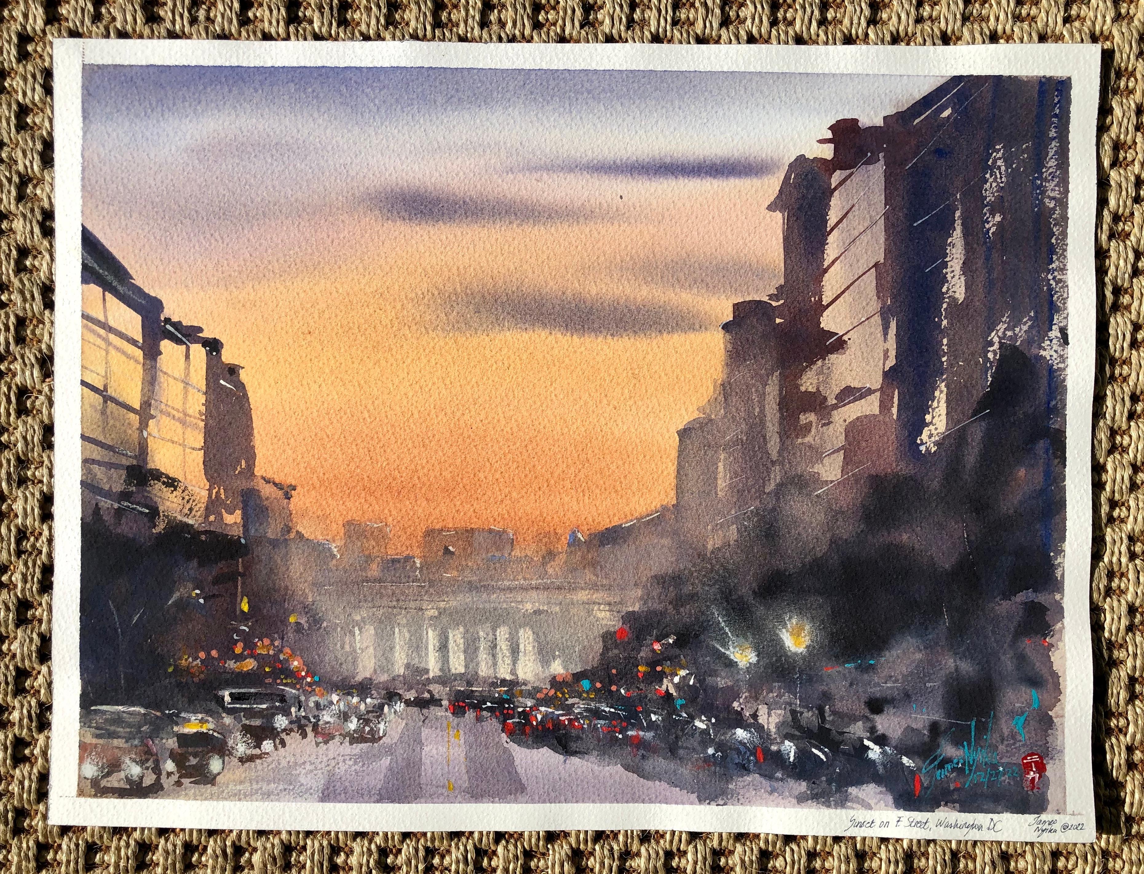 Sunset on F Street, Original Painting - Abstract Impressionist Art by James Nyika
