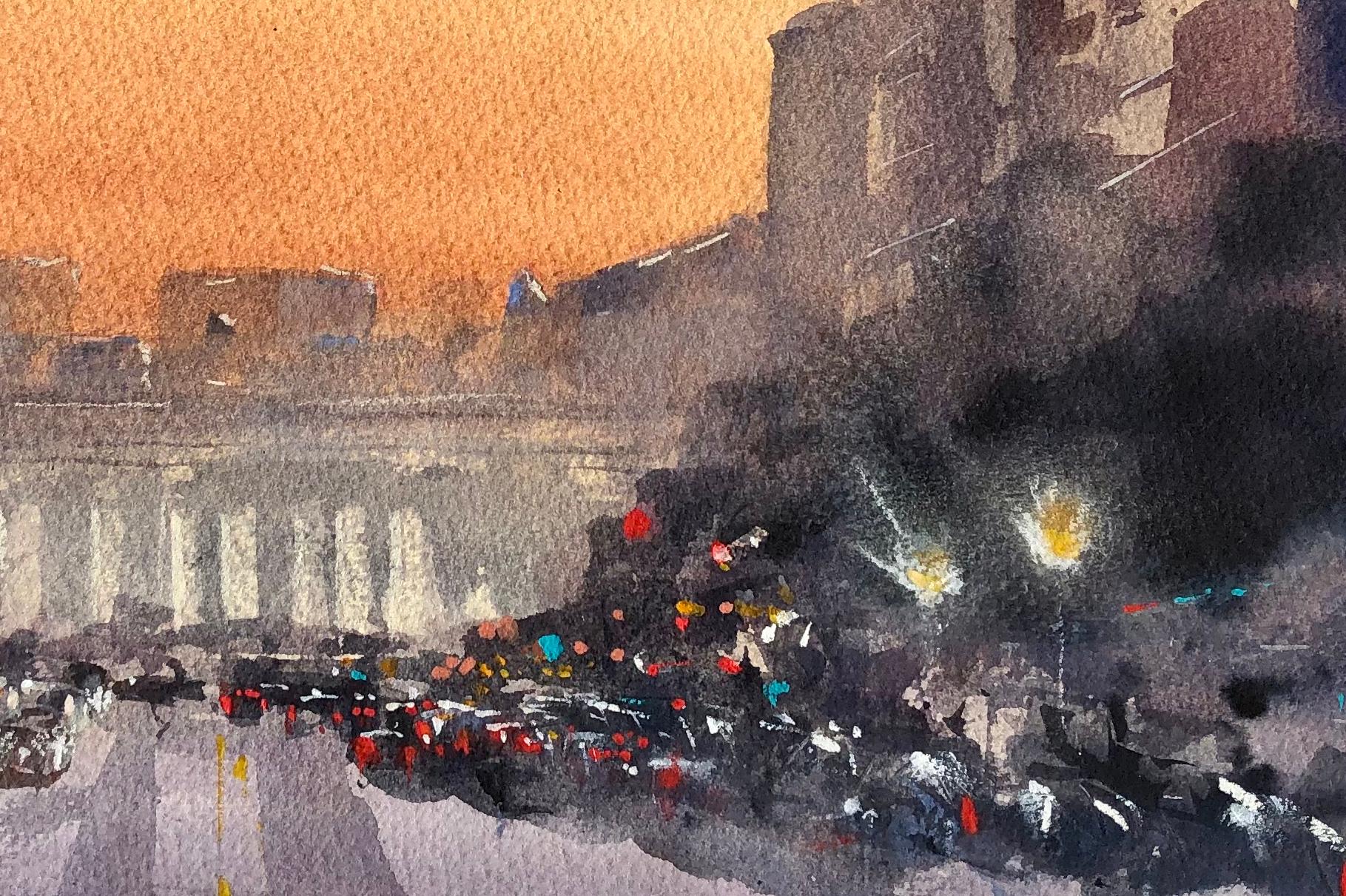 <p>Kommentare des Künstlers<br>Der Künstler James Nyika malt einen Blick auf eine belebte Stadtlandschaft während des Sonnenuntergangs. Er fängt ein Gefühl der Stille und Ruhe ein, trotz des Verkehrs und des Trubels. 