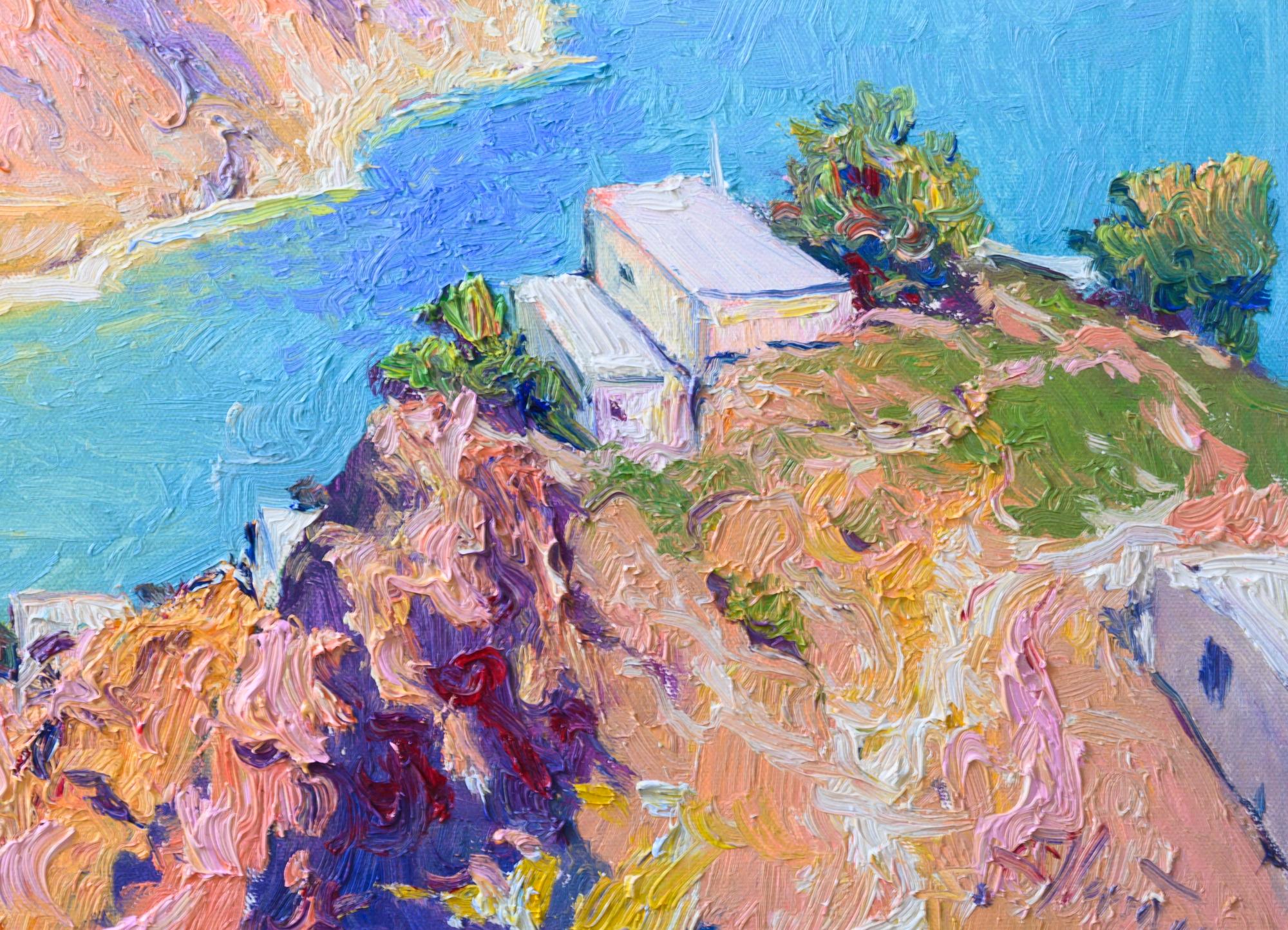 <p>Artist Comments<br>Artist Suren Nersisyan exhibits a sweeping view of a Grecian island gulf. A small town settles within the cove below. The distinct white houses of the region, the rocks, and the blue sea create a beautiful vibe. Suren paints in