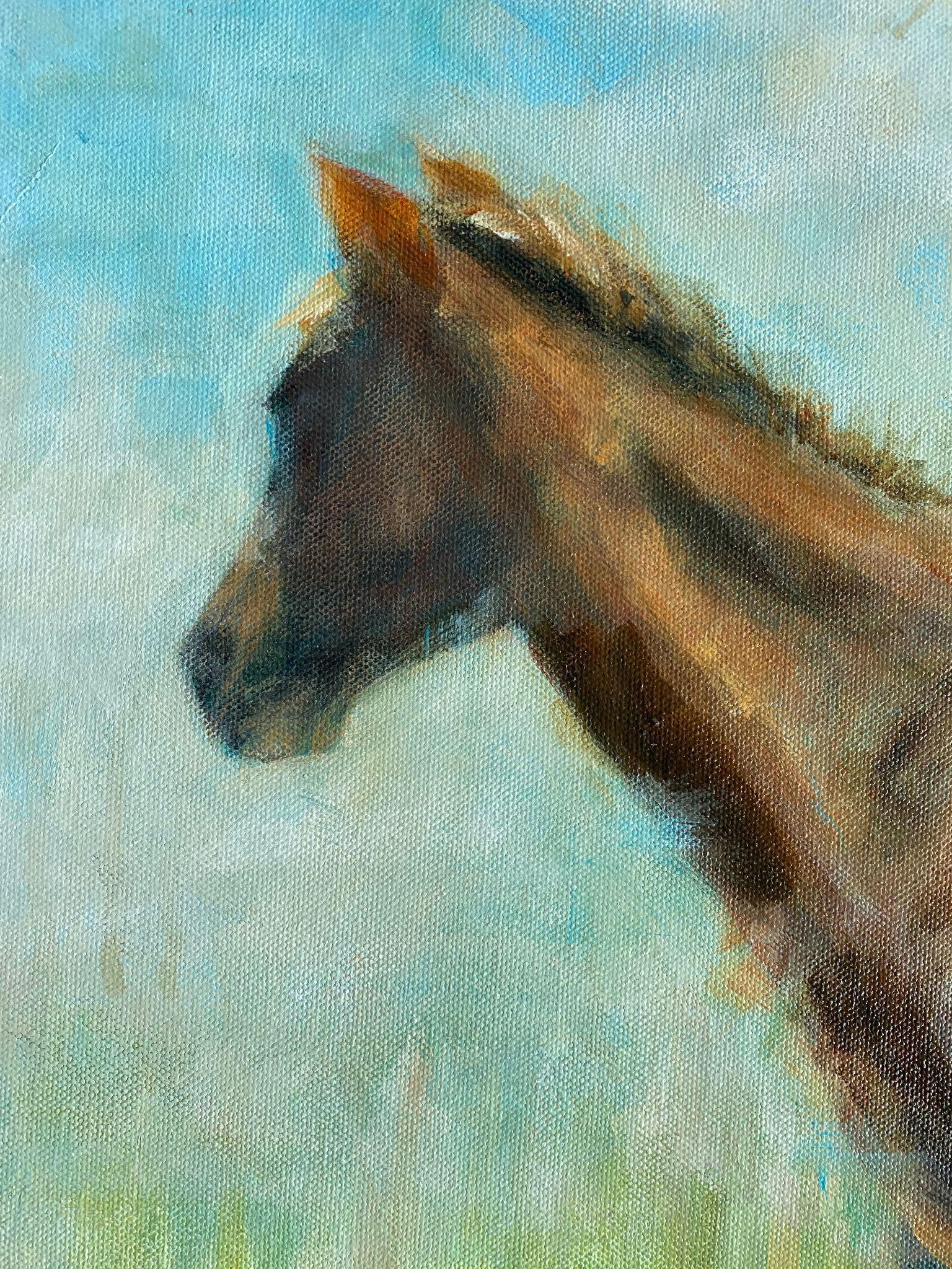 <p>Artist Comments<br>Artist Sally Adams paints a lone brown horse on a verdant landscape. She draws inspiration from the wild ponies on the islands off the coast of South Carolina. 