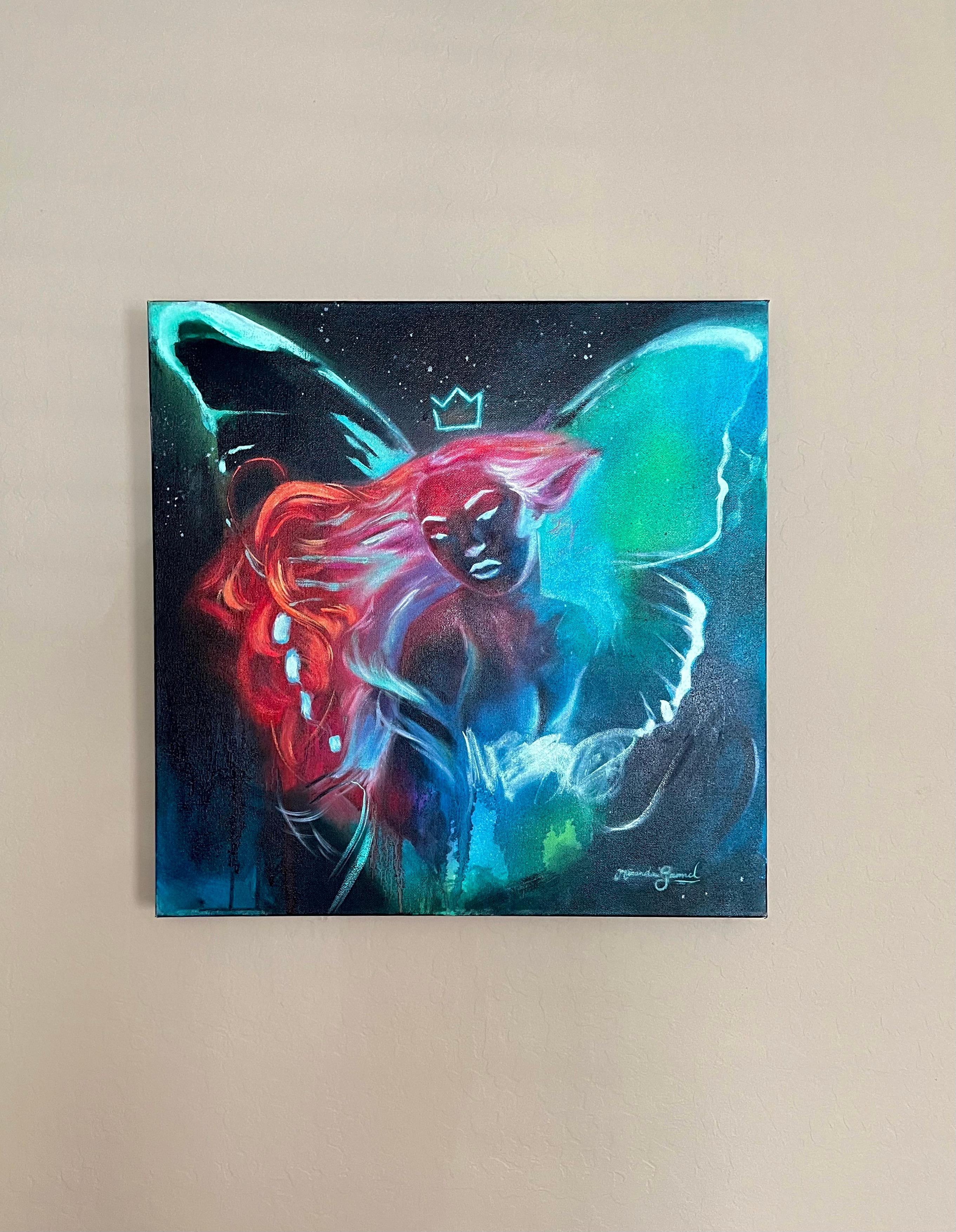<p>Artist Comments<br>Artist Miranda Gamel depicts an ethereal being with a glowing crown and wings. Star nebulas and light beams surround her in lustrous prismatic hues. The nude figure glimmers with flowing red hair and a mix of blue and fuschia