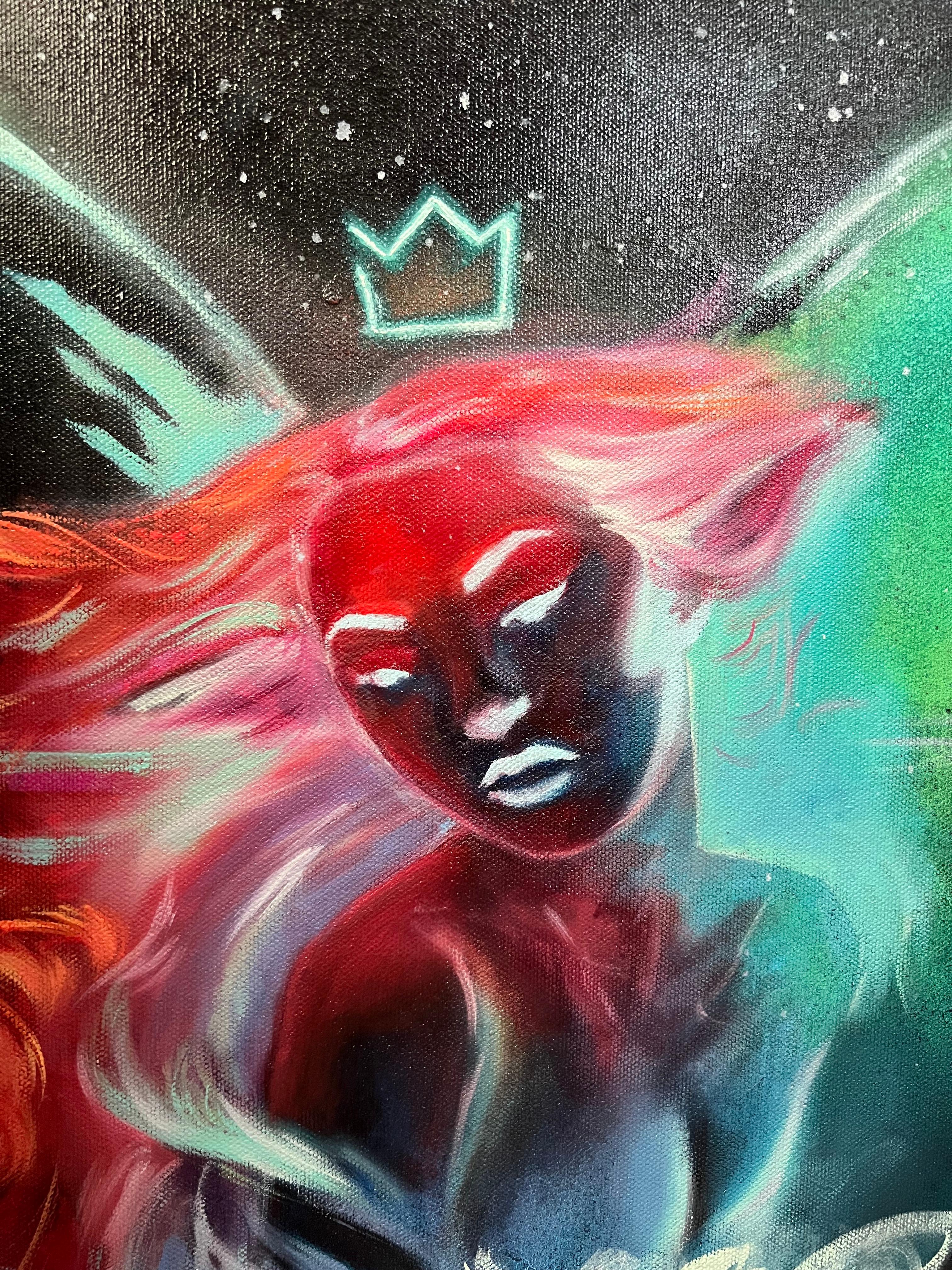 <p>Kommentare der Künstlerin<br>Die Künstlerin Miranda Gamel stellt ein ätherisches Wesen mit einer leuchtenden Krone und Flügeln dar. Sternennebel und Lichtstrahlen umgeben sie in schillernden prismatischen Farben. Die nackte Figur schimmert mit