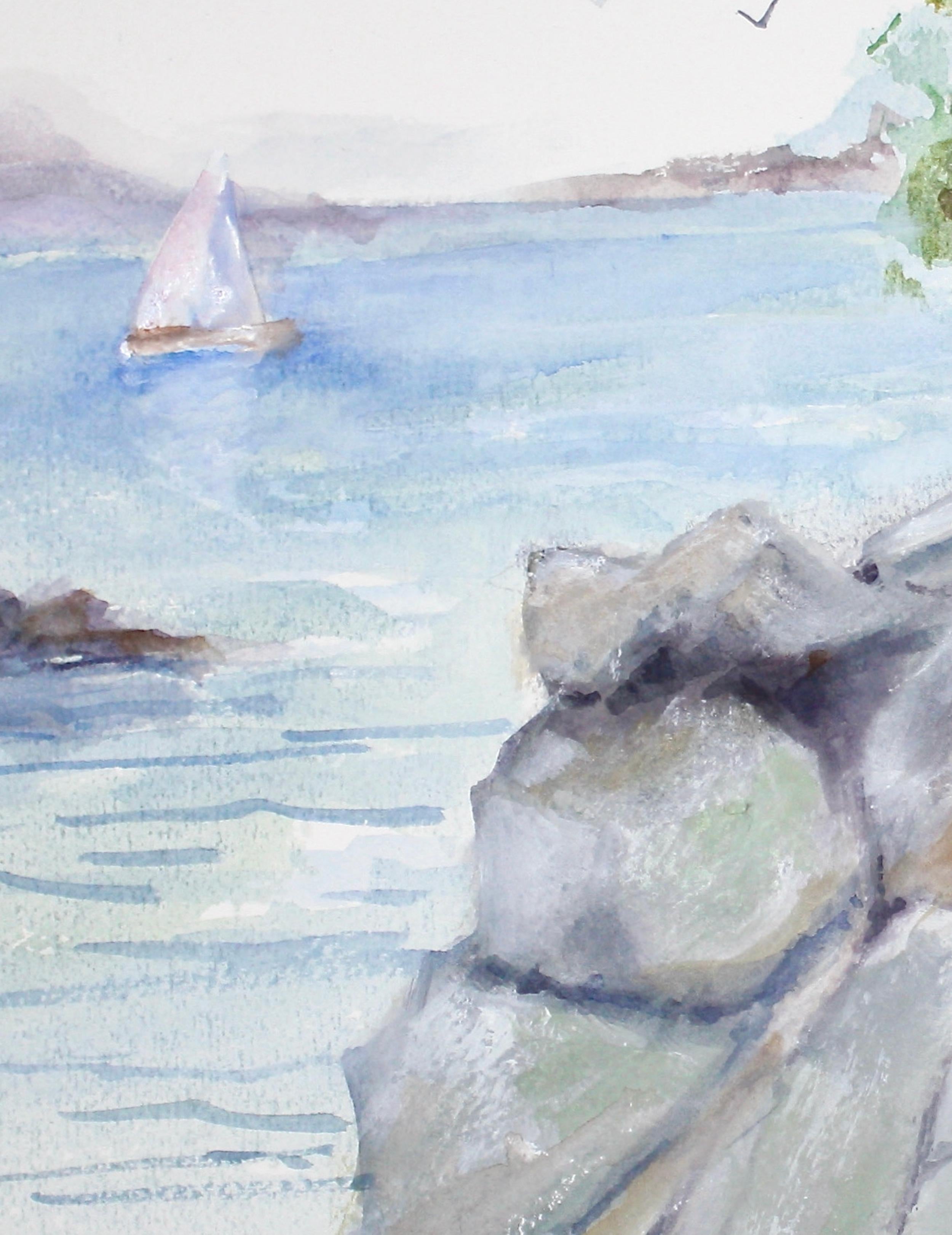 <p>Artist Comments<br>Artist Joe Giuffrida presents an impressionist view of Massachusetts's north shore. The craggy rocks of the land formations build an interesting contrast alongside the bay's waters. Delicate flowers grow between boulder seams