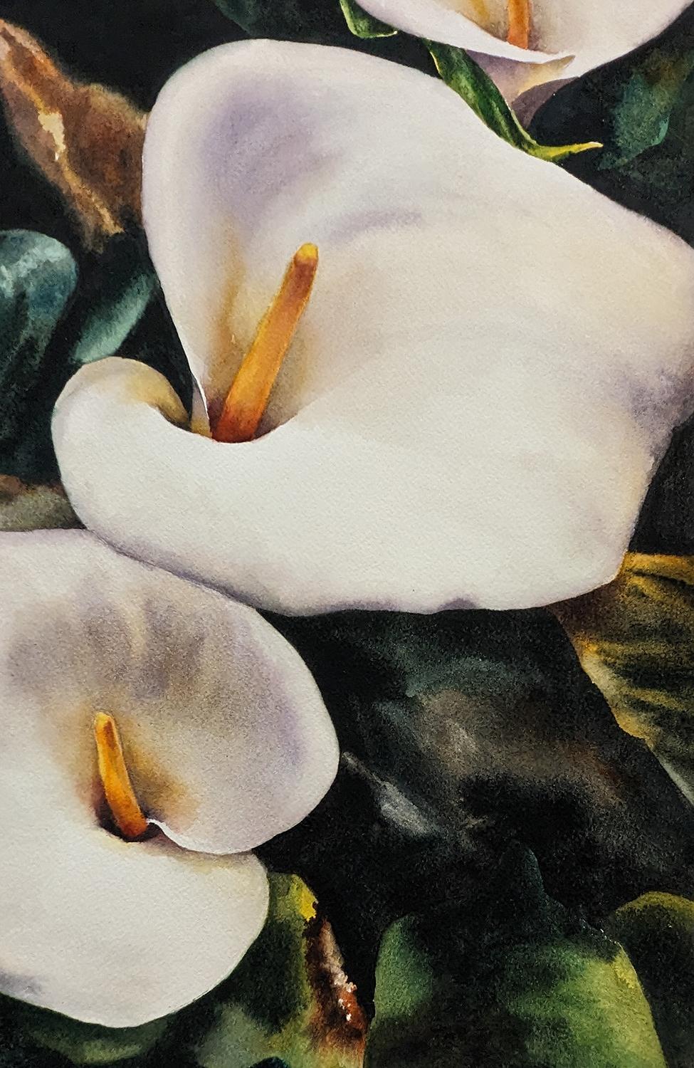 <p>Kommentare des Künstlers<br>Viele Blumen blühen an einem Strauch und bilden Büschel, die für dynamische Kompositionen sorgen. Die Künstlerin Jinny Tomozy präsentiert vier blühende Calla-Lilien in einem harmonisch-symmetrischen Arrangement. Sie