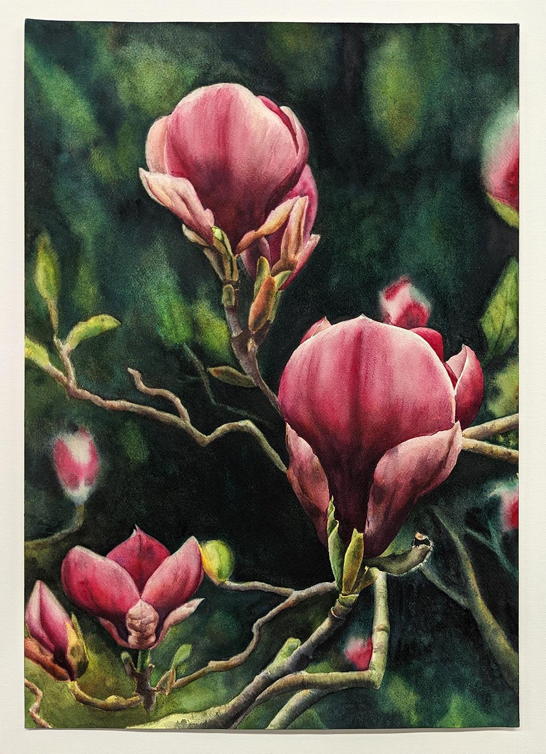 Peinture d'origine de Crimson Magnolias - Réalisme américain Art par Jinny Tomozy