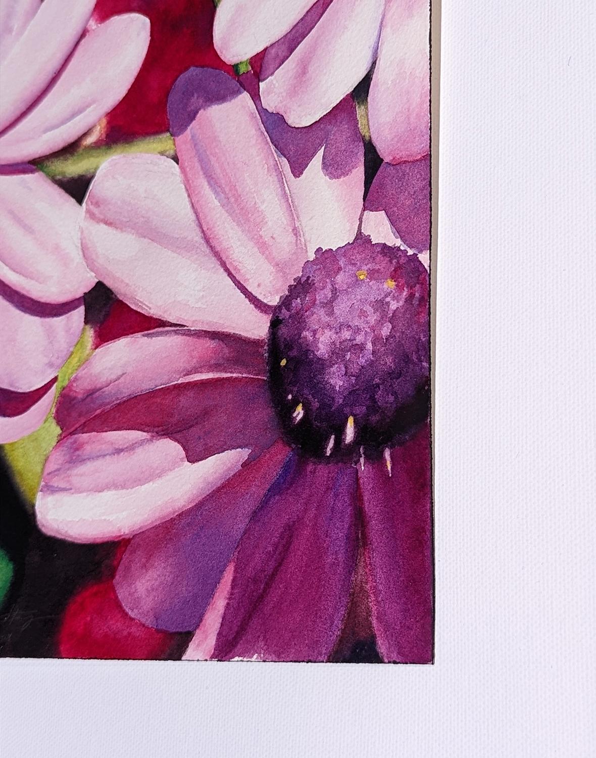 Mini Daisies in Many Pinks, Original Painting - Art by Jinny Tomozy