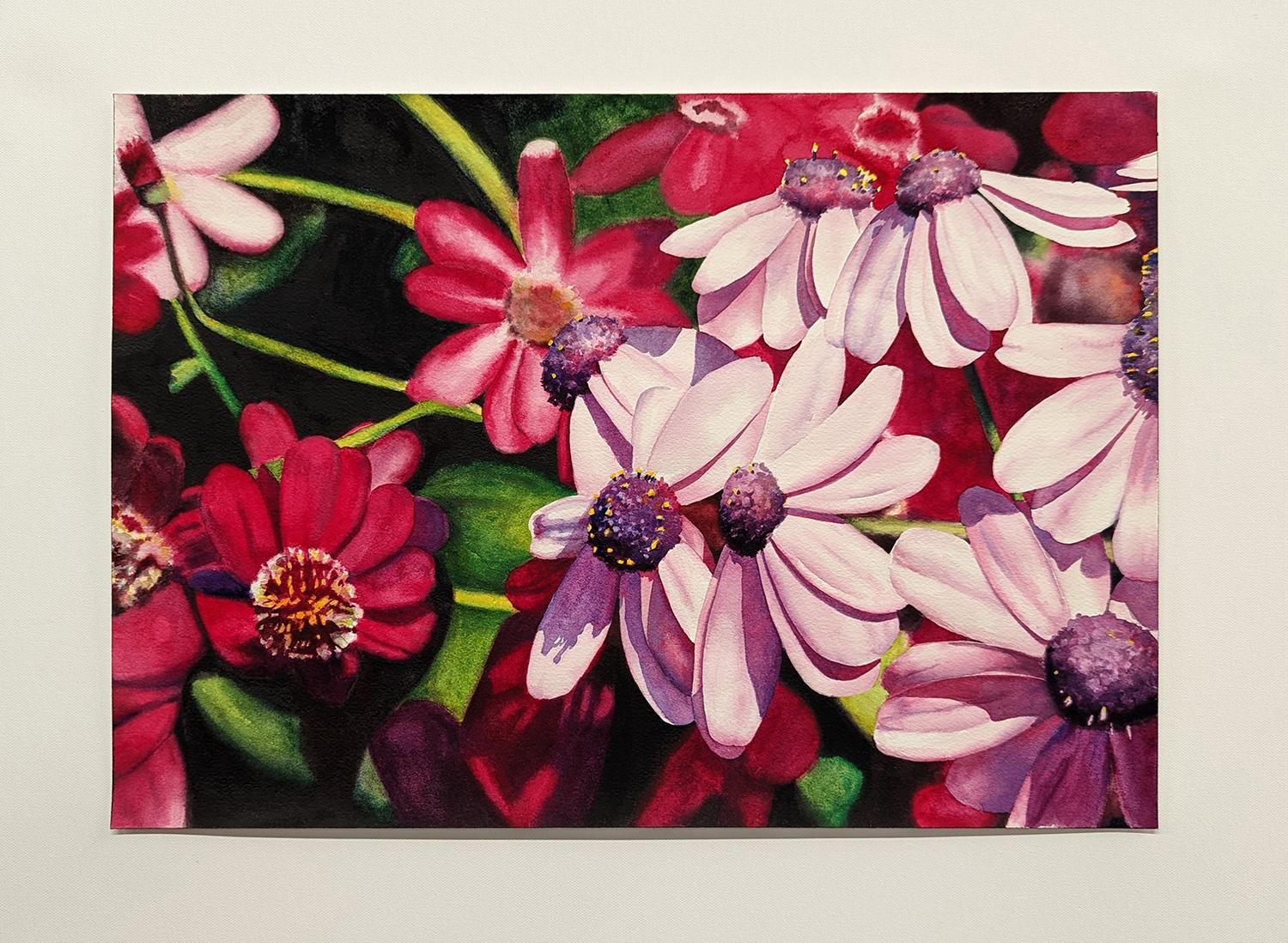 Mini Daisies in Many Pinks, Original Painting - American Realist Art by Jinny Tomozy