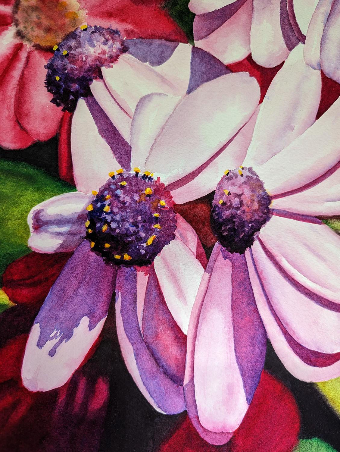 <p>Artist Comments<br>Artist Jinny Tomozy presents pink daisies in detailed realism. She highlights the combination of the high-key delicate pink against the bold, saturated fuschia. 