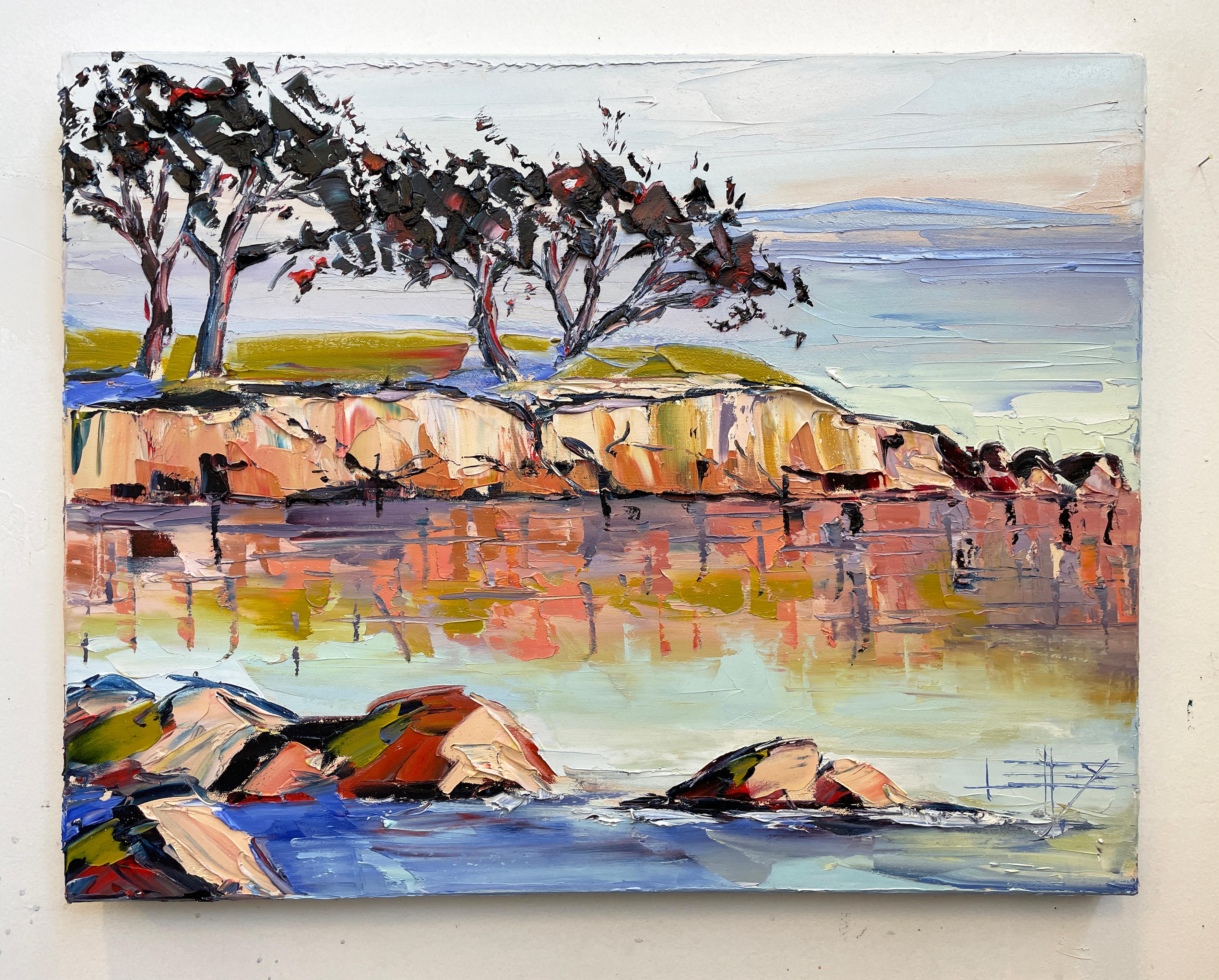 <p>Kommentare der Künstlerin<br>Die Künstlerin Lisa Elley präsentiert eine impressionistische Meereslandschaft der Küste von Monterey. Sie fängt die Eleganz des Küstenstädtchens Pacific Grove in Kalifornien ein. Der stimmungsvolle Himmel weicht