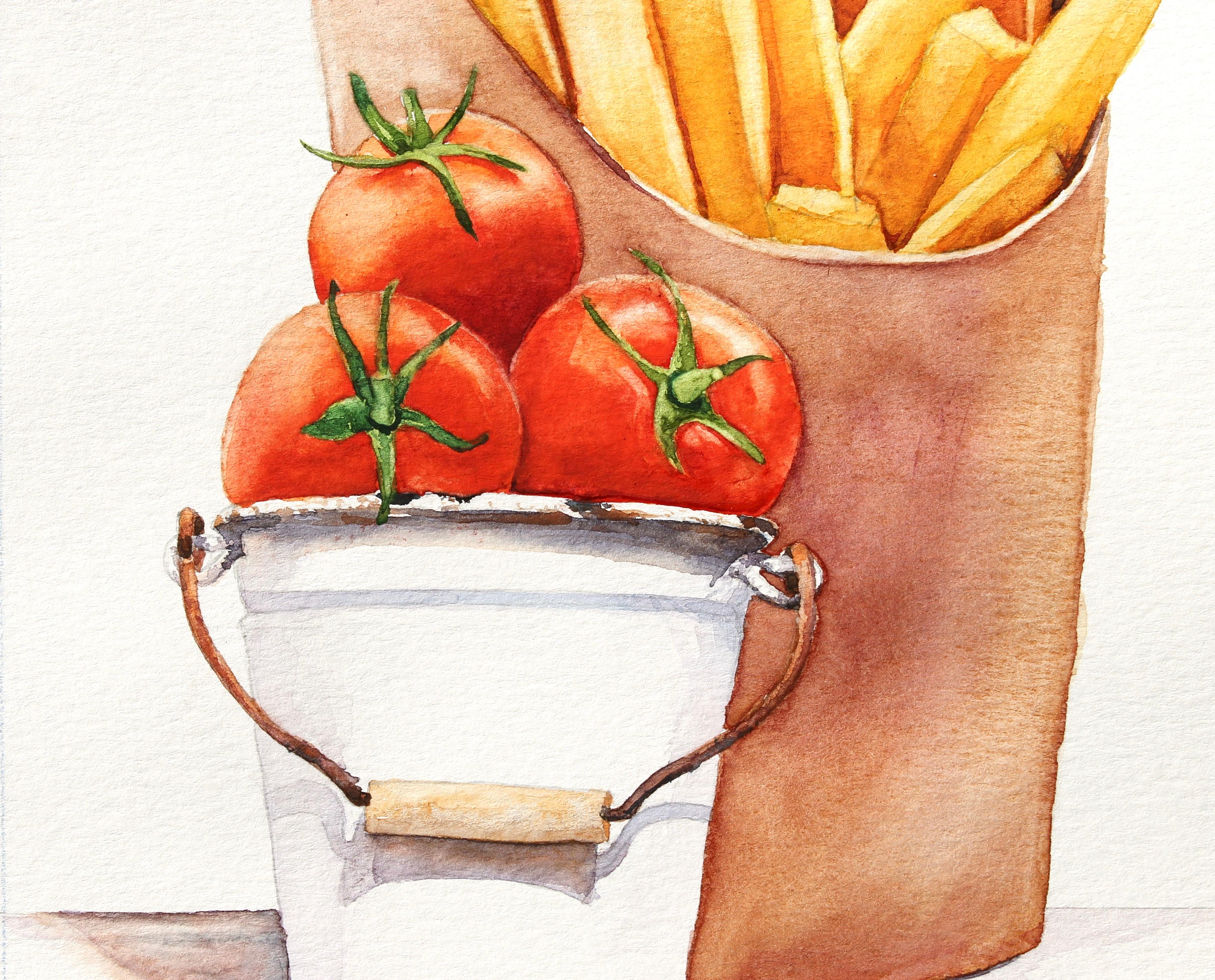 <p>Kommentare des Künstlers<br>Der Künstler Dwight Smith präsentiert ein Stillleben einer Bestellung von Pommes frites mit einem Eimer Tomaten daneben. Eine realistische Darstellung des beliebten Snacks mit einem modernen Twist. Er stellt Ketchup