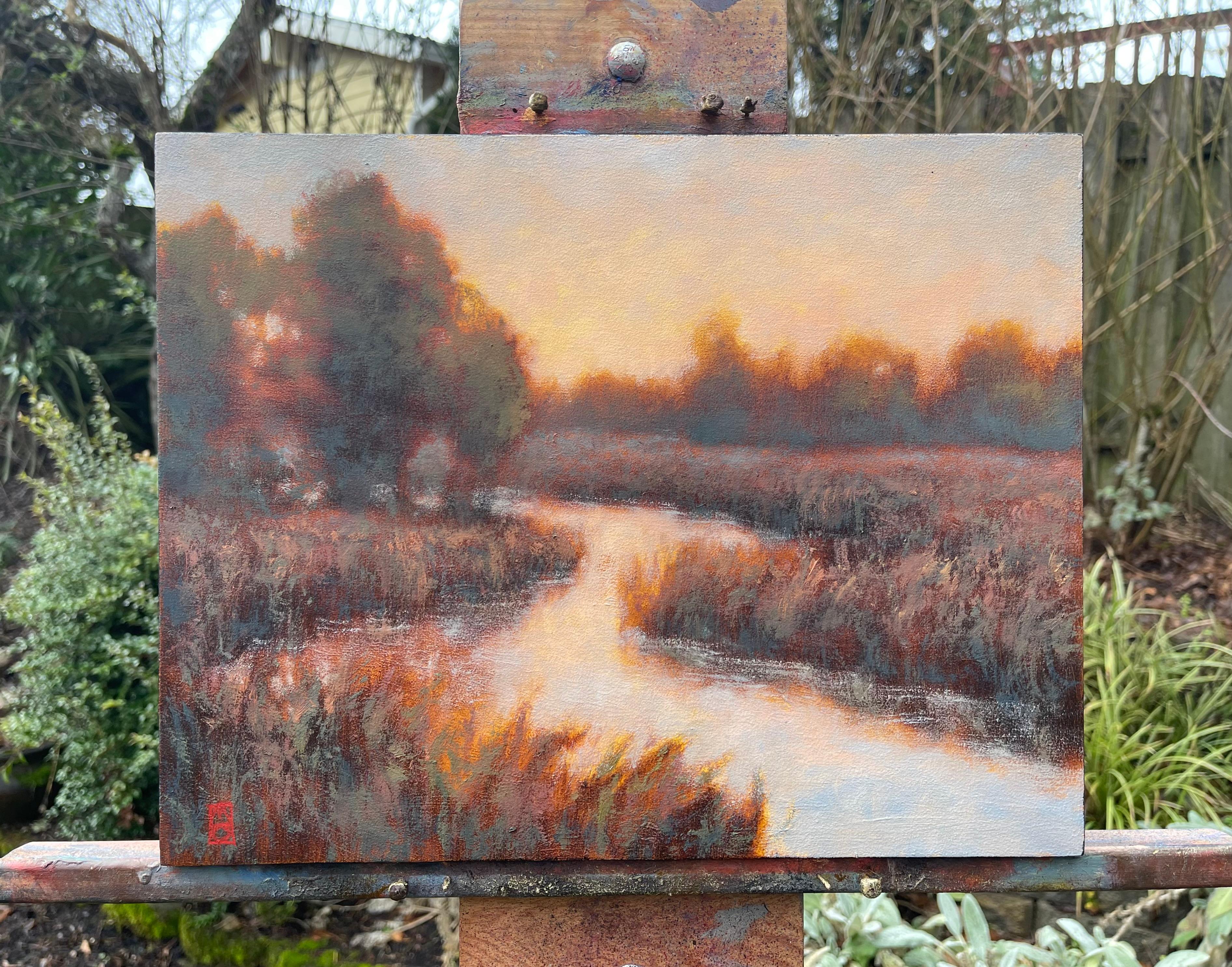 <p>Artist Comments<br>Artist Michael Orwick depicts a lovely view of a flowing brook winding through a verdant marsh. Tall reeds boldly stand next to the water and create a serene environment. As the sun sets in the distance, warm backlighting from