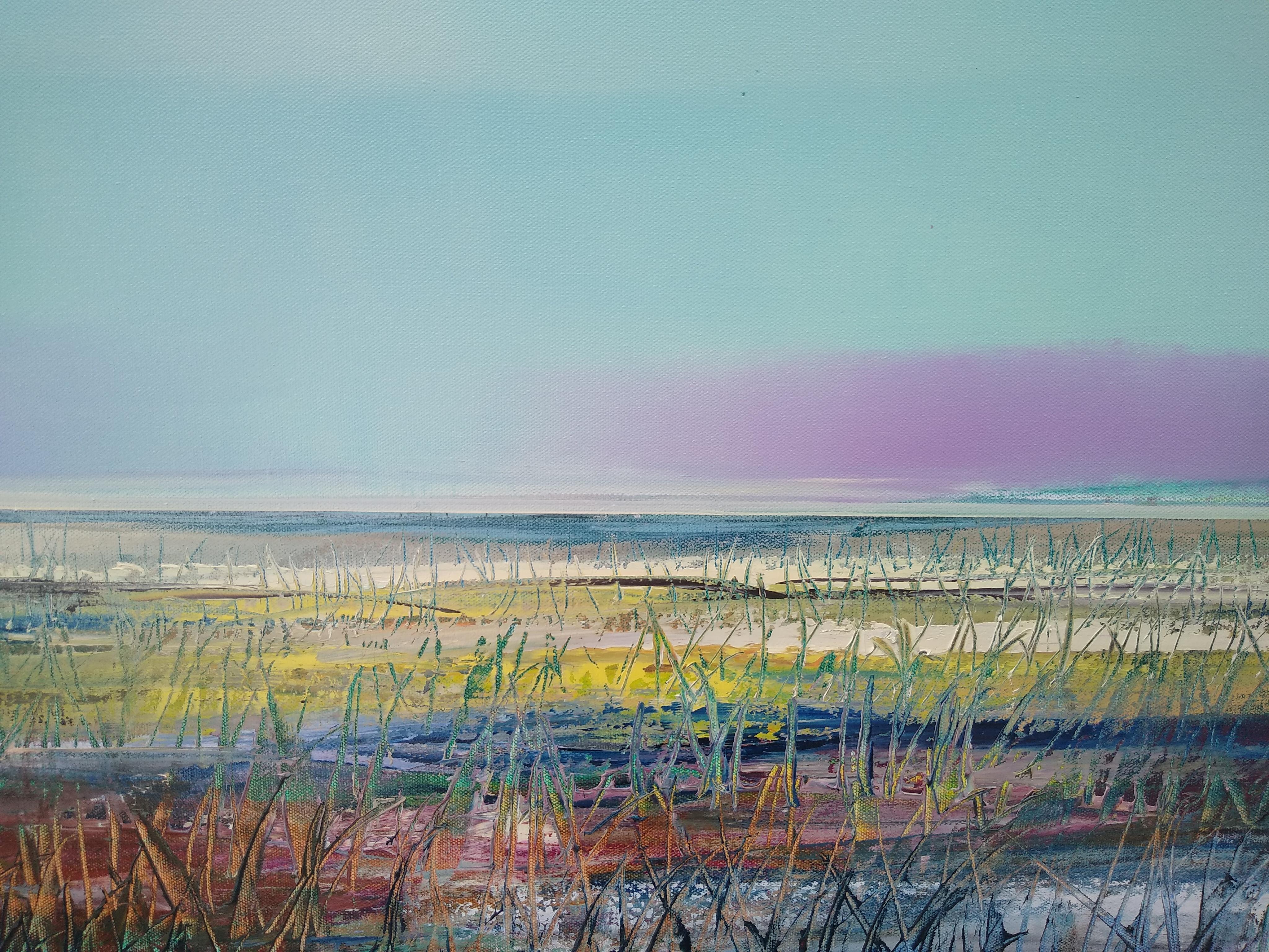 <p>Artist Comments<br>Artist George Peebles presents a sweeping view of a grassy shore facing the open sea. A picturesque capture of a beautiful day with a dream-like quality. Colorful violet hues trail the horizon, fading and reemerging into cool