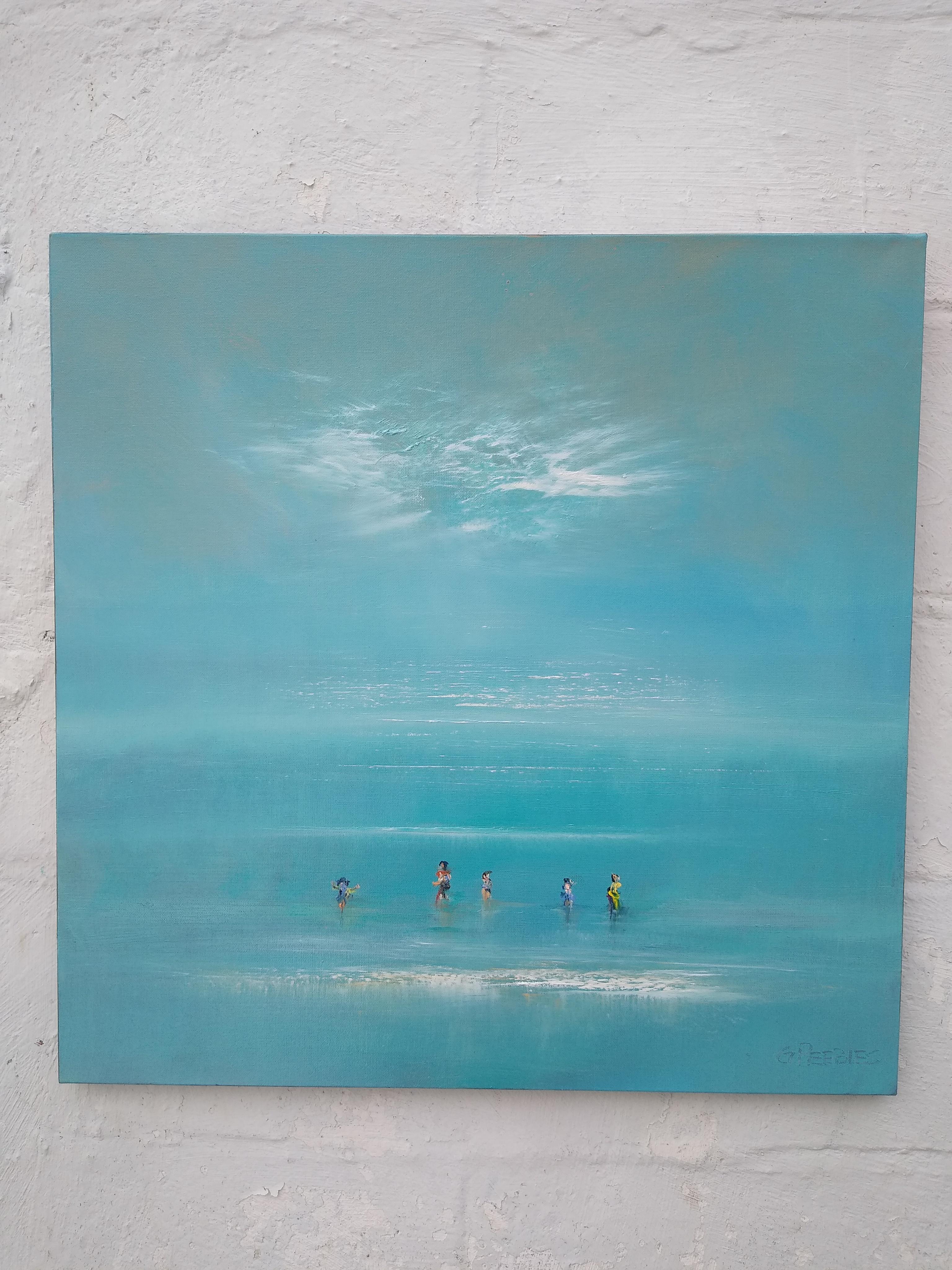 <p>Artist Comments<br>Artist George Peebles demonstrates a dreamy seascape that borders the realms of abstraction. A family of five swims on a foggy day at the beach. George depicts the figures at a far distance in gestural strokes with minimal