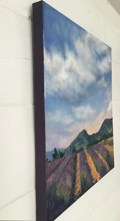 Rows of Lavender, Peach Light Above the Hills, Oil Painting