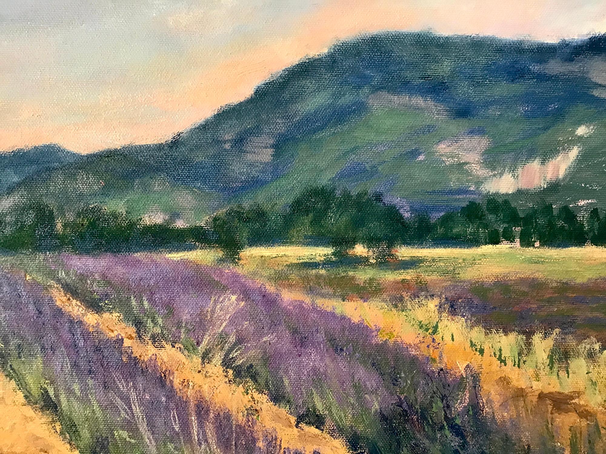 Rows of Lavender, Peach Light Above the Hills, Oil Painting For Sale 1
