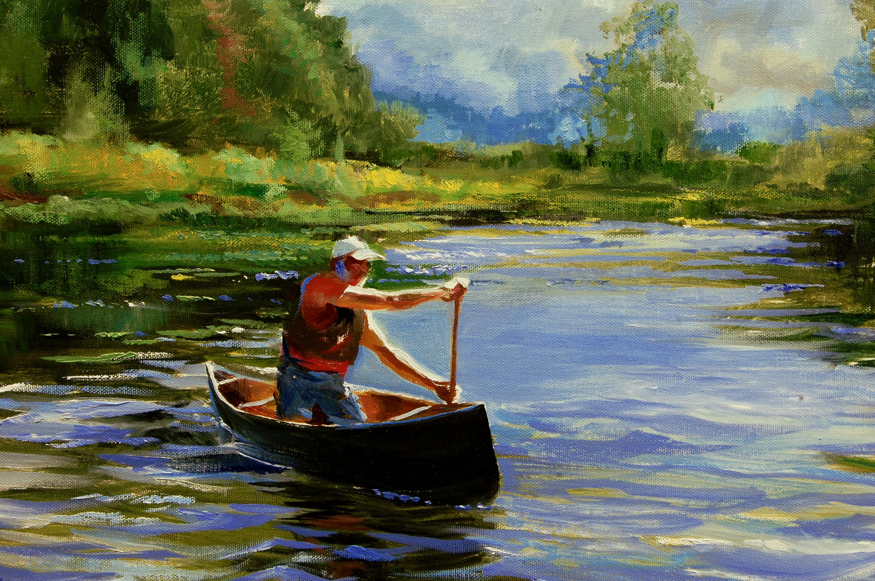 <p>Artist Comments<br>Artist Onelio Marrero presents a view of a canoeist traversing the New Jersey river as storm clouds brew in the distance. The piece embodies the adventure of canoeing - the shift of currents from placid to swift as the stream