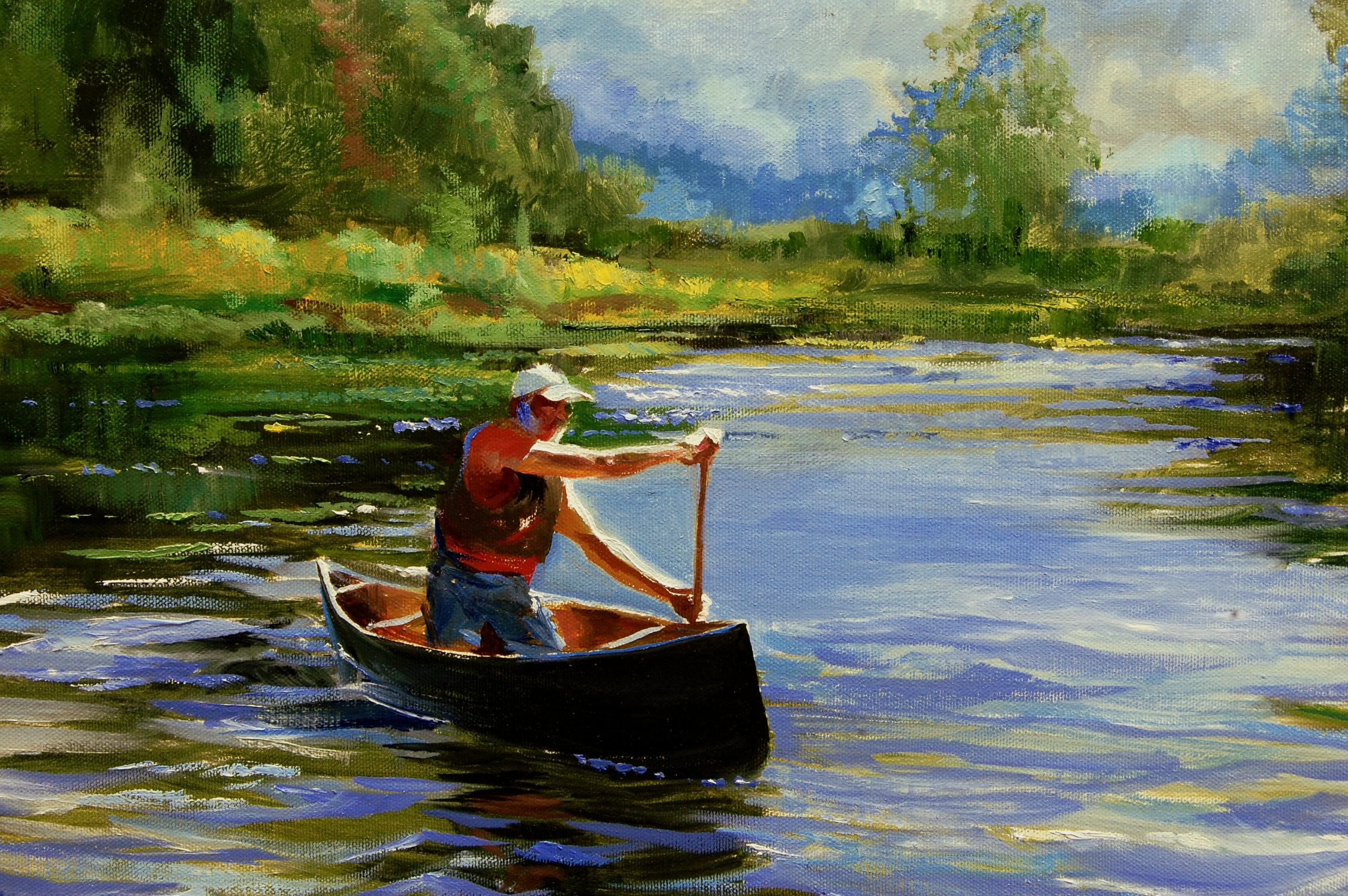 Entering the Swift Current, Oil Painting - Black Landscape Painting by Onelio Marrero