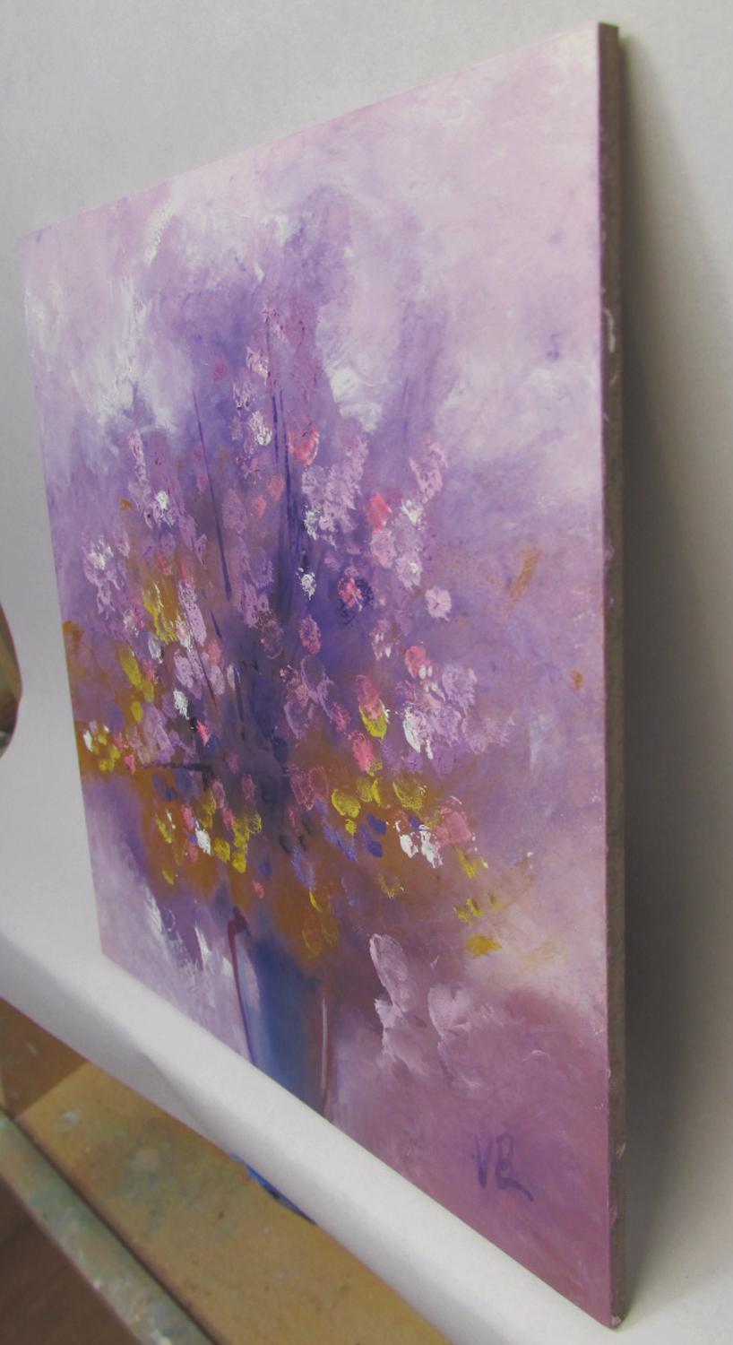 <p>Artist Comments<br>Artist Valerie Berkely displays and abstract floral filled with small peppy blossoms. She creates a glowing background using a limited palette of transparent purples and yellows. Valerie demonstrates expressive finger painting