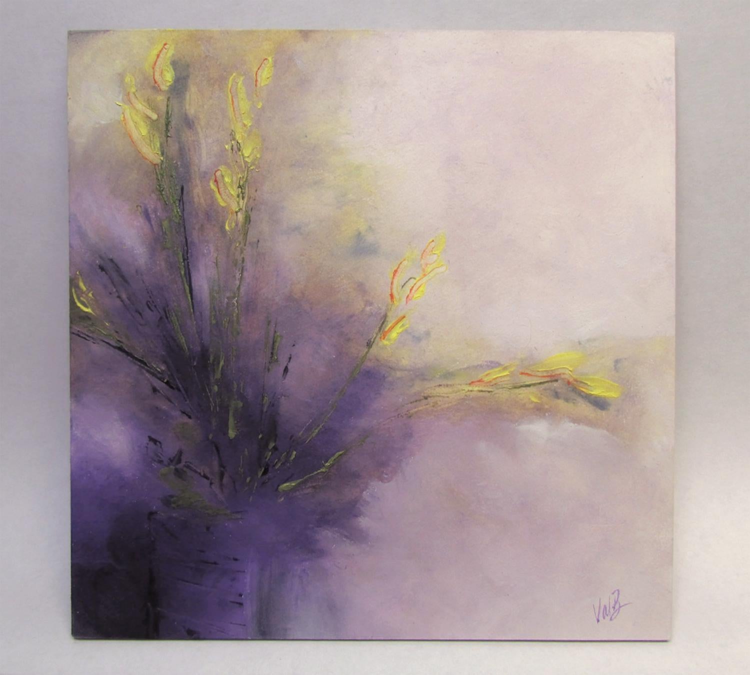 <p>Artist Comments<br>Using a limited palette of transparent purples and yellows, artist Valerie Berkely presents a calming abstract floral. 