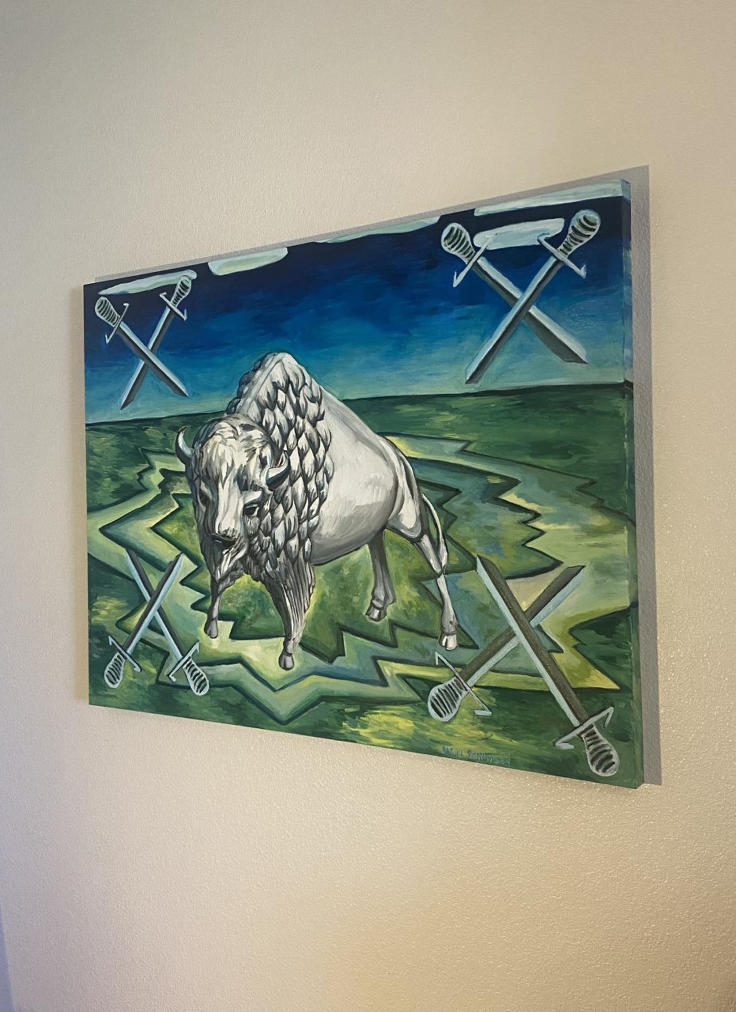<p>Artist Comments<br />Artist Rachel Srinivasan's surrealistic piece combines the traditional symbolism of the tarot card with the image of a white bison and eight crossed swords. The creature, alone against a green expanse, represents the