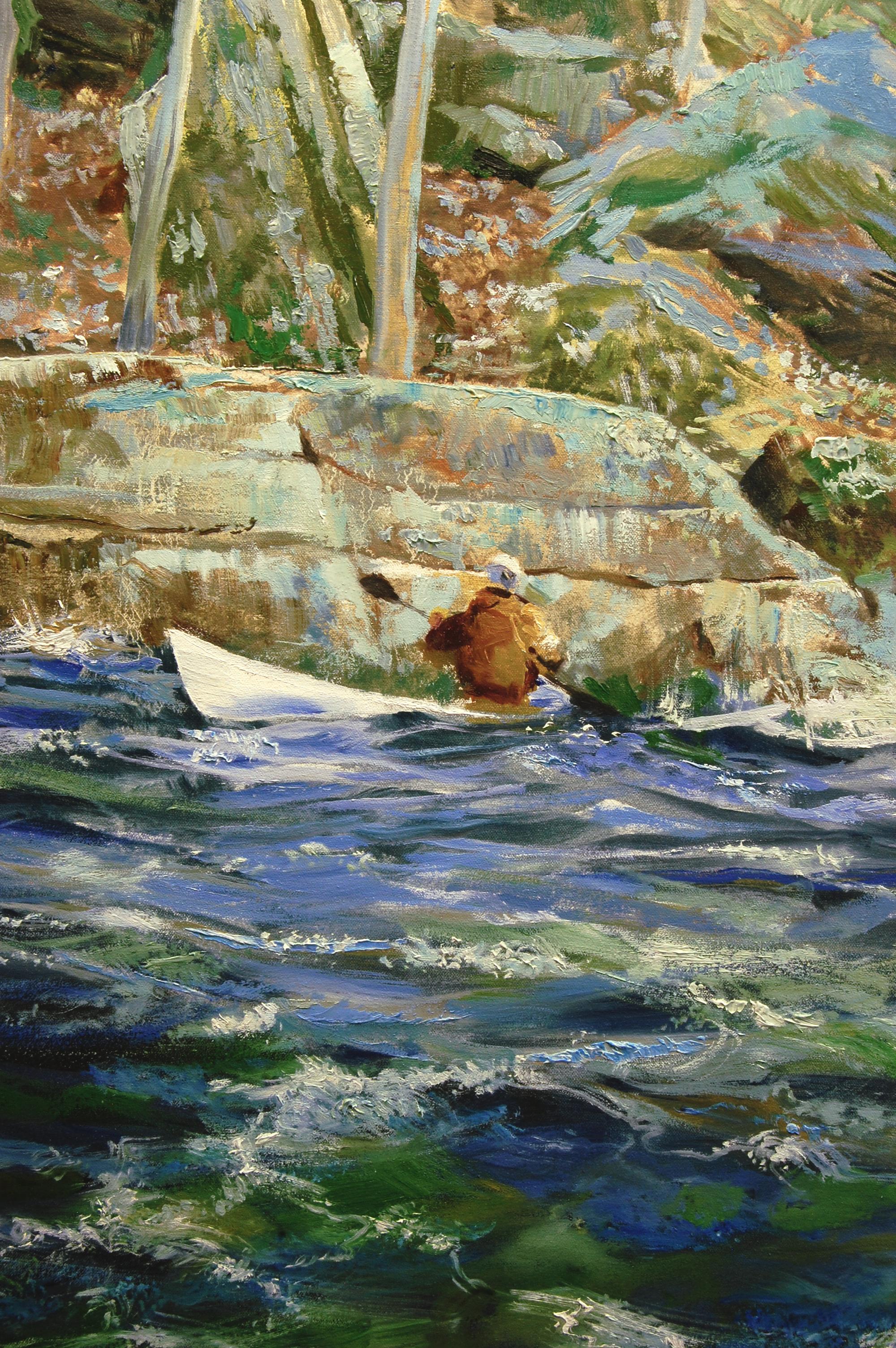 <p>Artist Comments<br>Artist Onelio Marrero presents an engrossing view of roaring rapids in the forest rendered in subtle colors with an impressionist approach. He portrays the critical moments when an expert kayaker heads into a narrow opening in